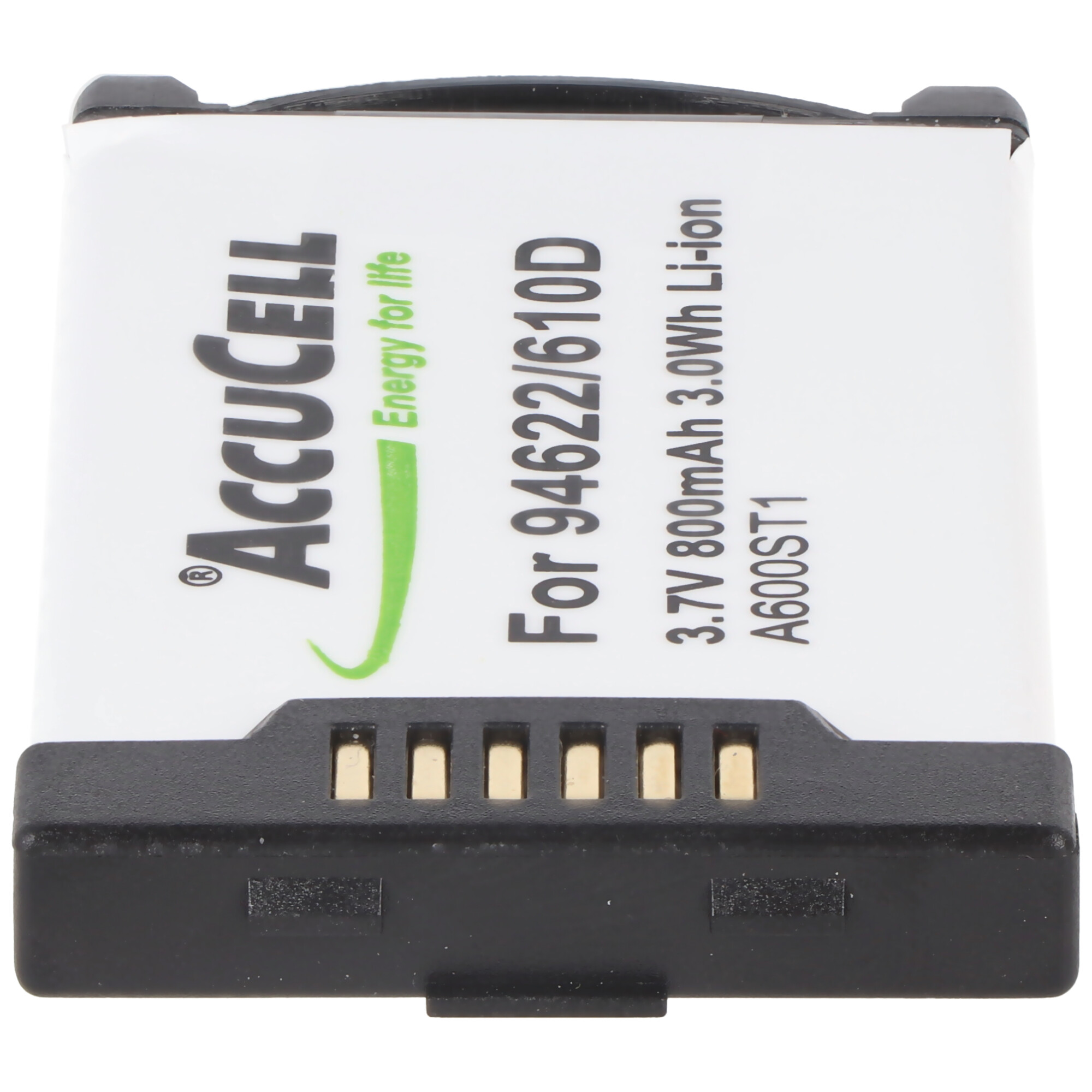 Siyah konektörlü beyaz pil. Metin 'Accucell', '94622/610D', 3.7V ve 'Li-ion' içerir.