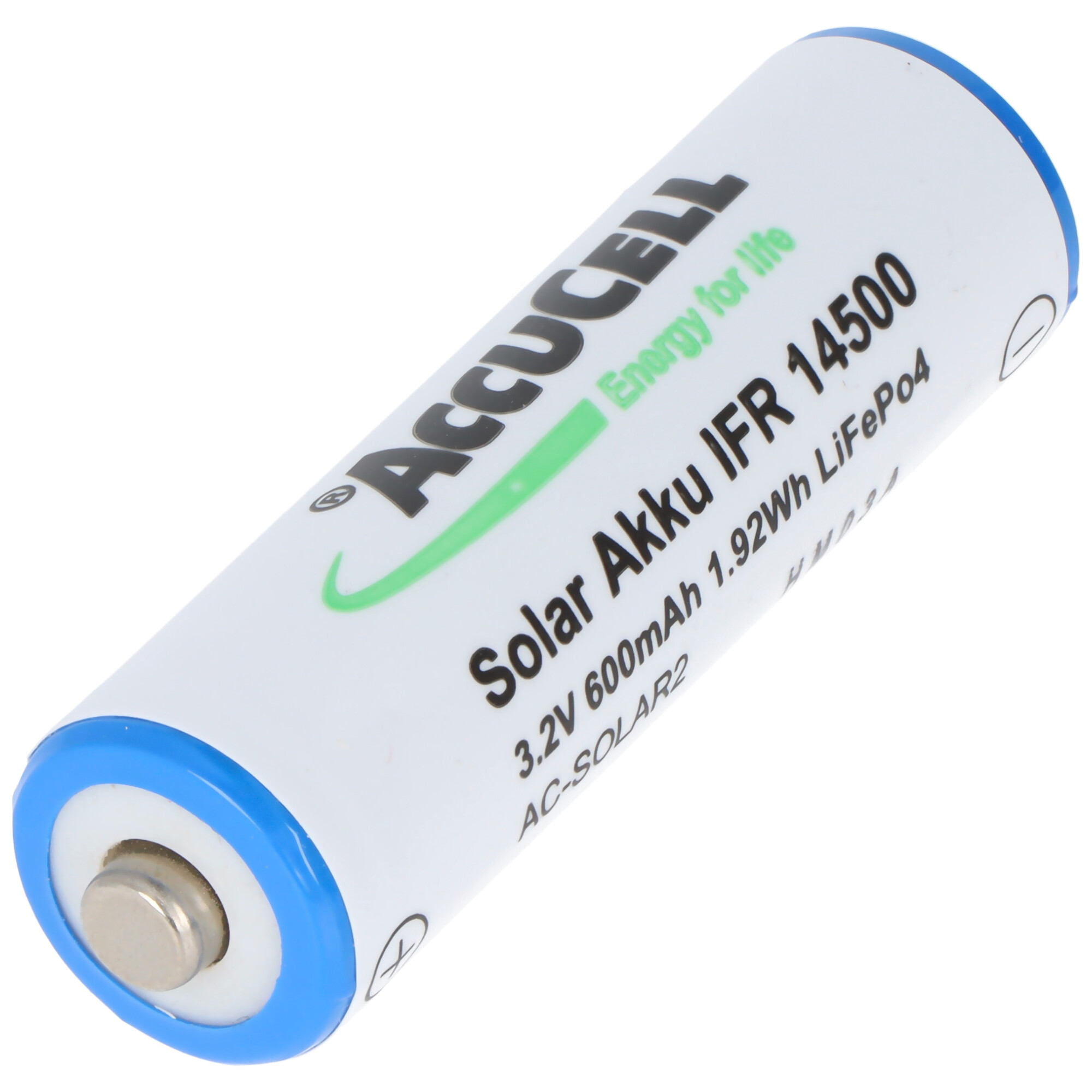 Mavi uçlu beyaz bir Accucell Solar Akku IFR 14500 pili. Metin 'Solar Akku', '3.2V' ve 'LiFePo4' içerir.
