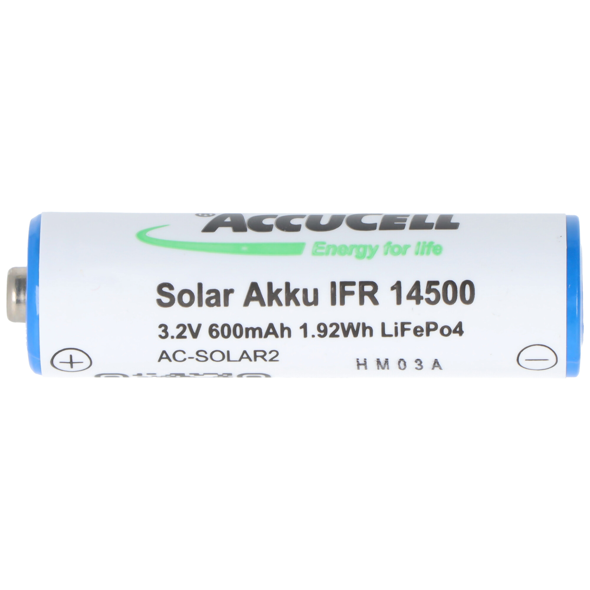 Beyaz etiketli silindirik bir Accucell güneş pili. Metin 'Solar Akku IFR 14500', 3.2V ve 'Energy for life' ifadelerini içerir.