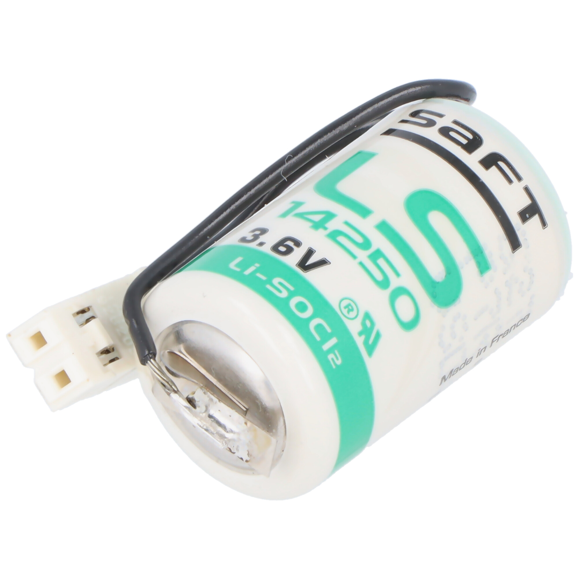 Eine zylindrische Batterie mit grünen und weißen Etiketten. Sie hat einen schwarzen Draht und einen weißen Stecker.
