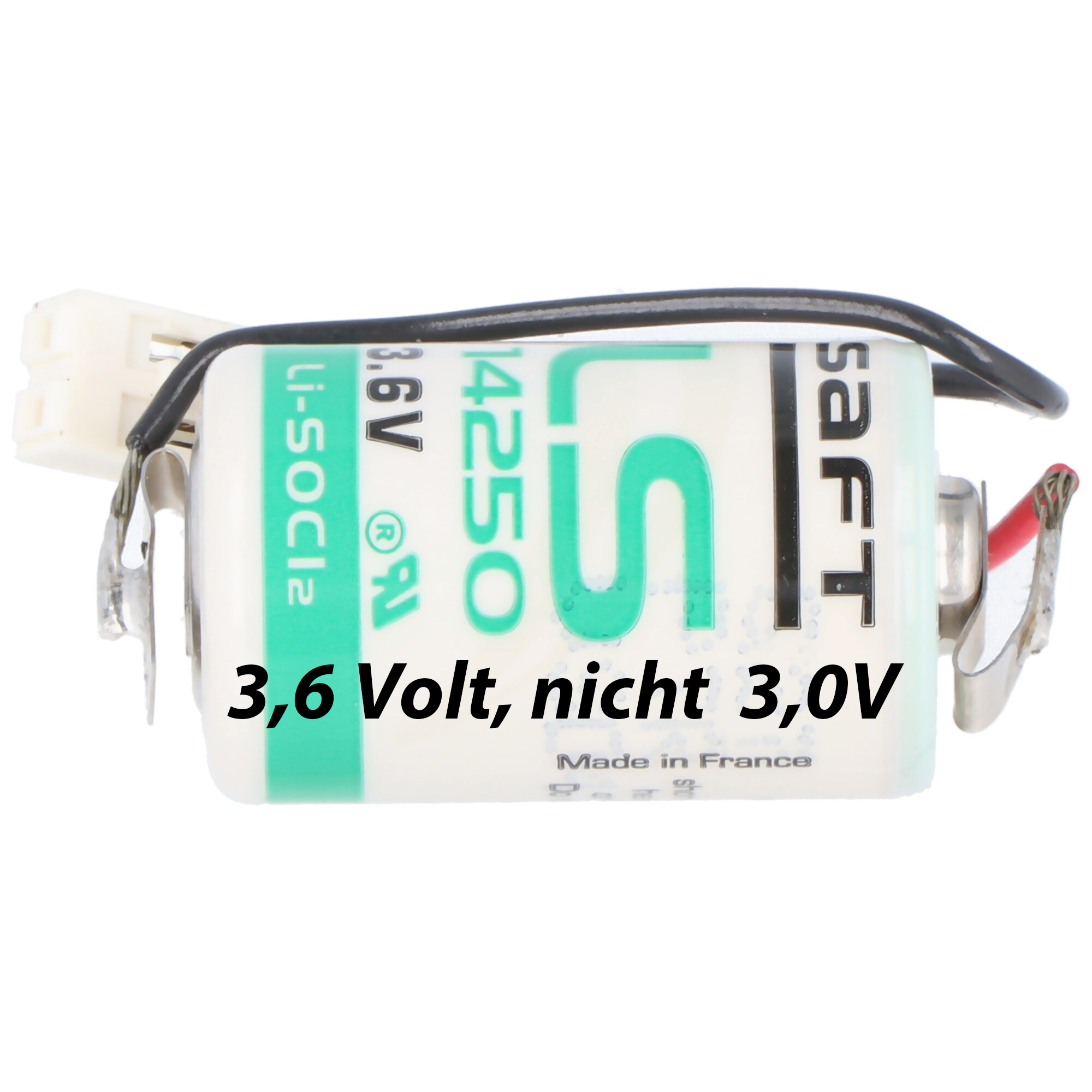 Eine weiße und grüne Batterie mit schwarzer Verkabelung, beschriftet mit '3,6 Volt, nicht 3,0V'.