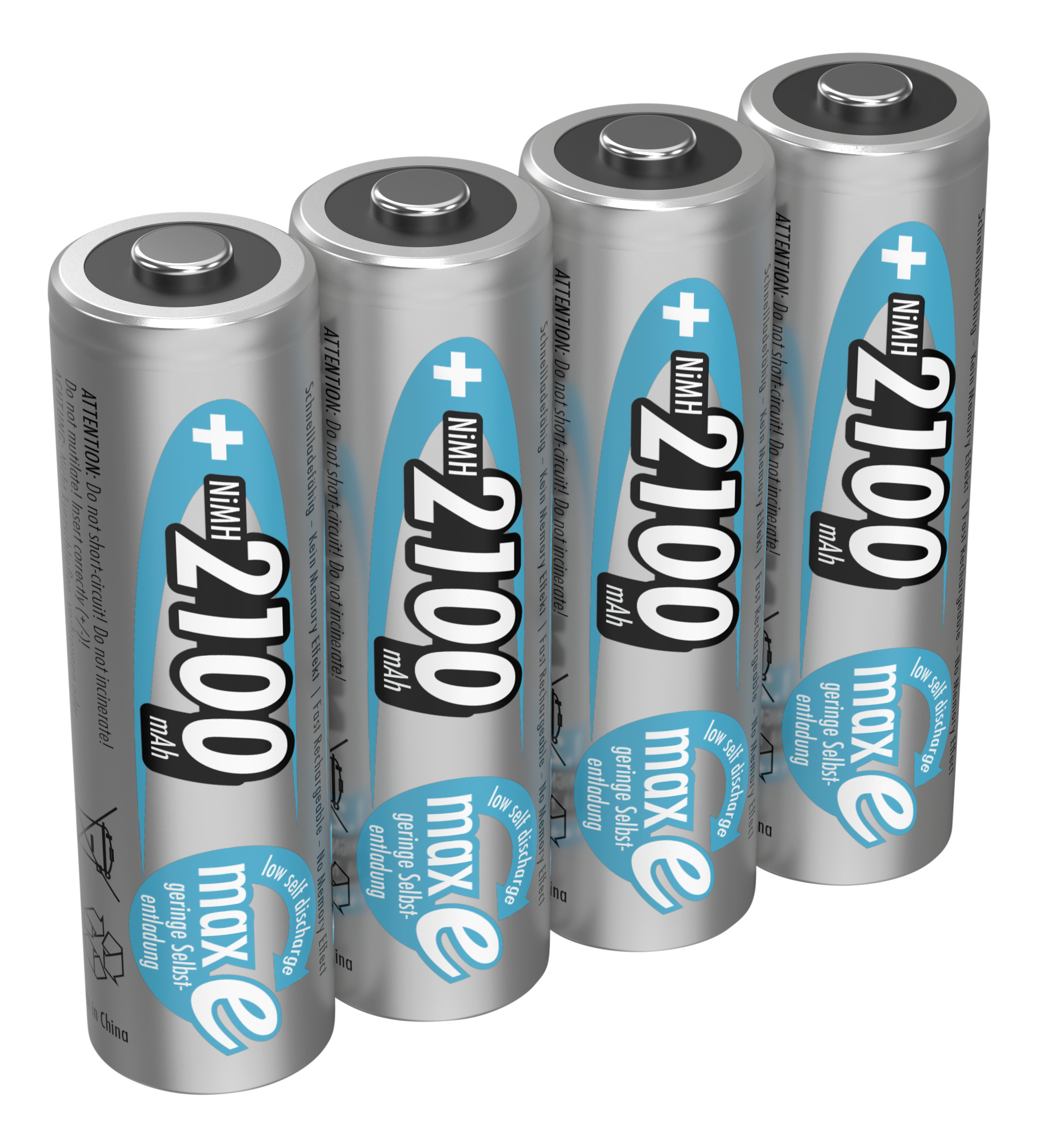 Mavi etiketli dört gümüş AA pil. Her biri +2100 mAh ve 'max e' detaylarla gösterir. Arka plan beyaz.