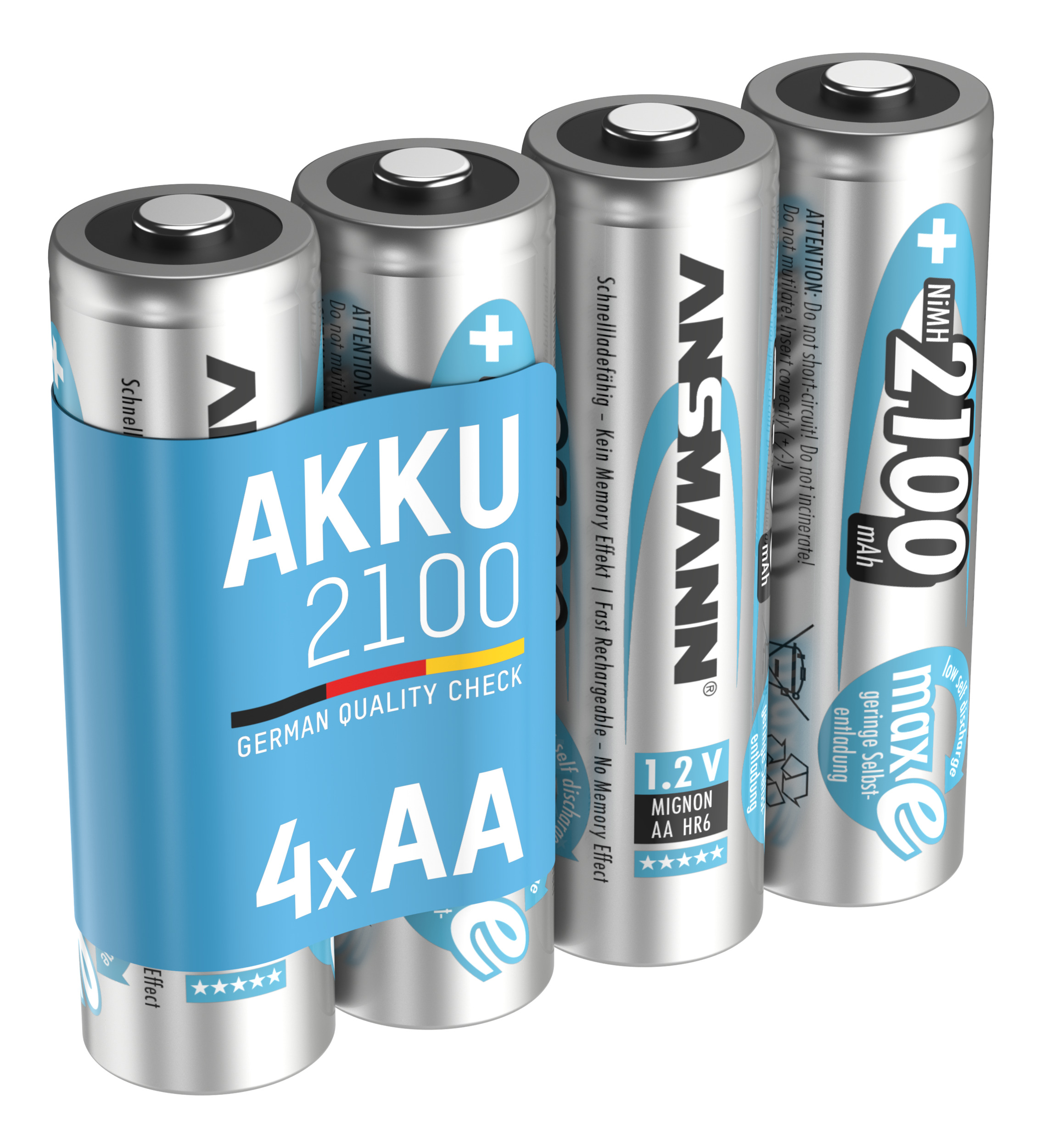 'AKKU 2100' ve '4xAA' yazan mavi etiketli dört adet AA pil. Piller gümüş ve siyah renktedir.