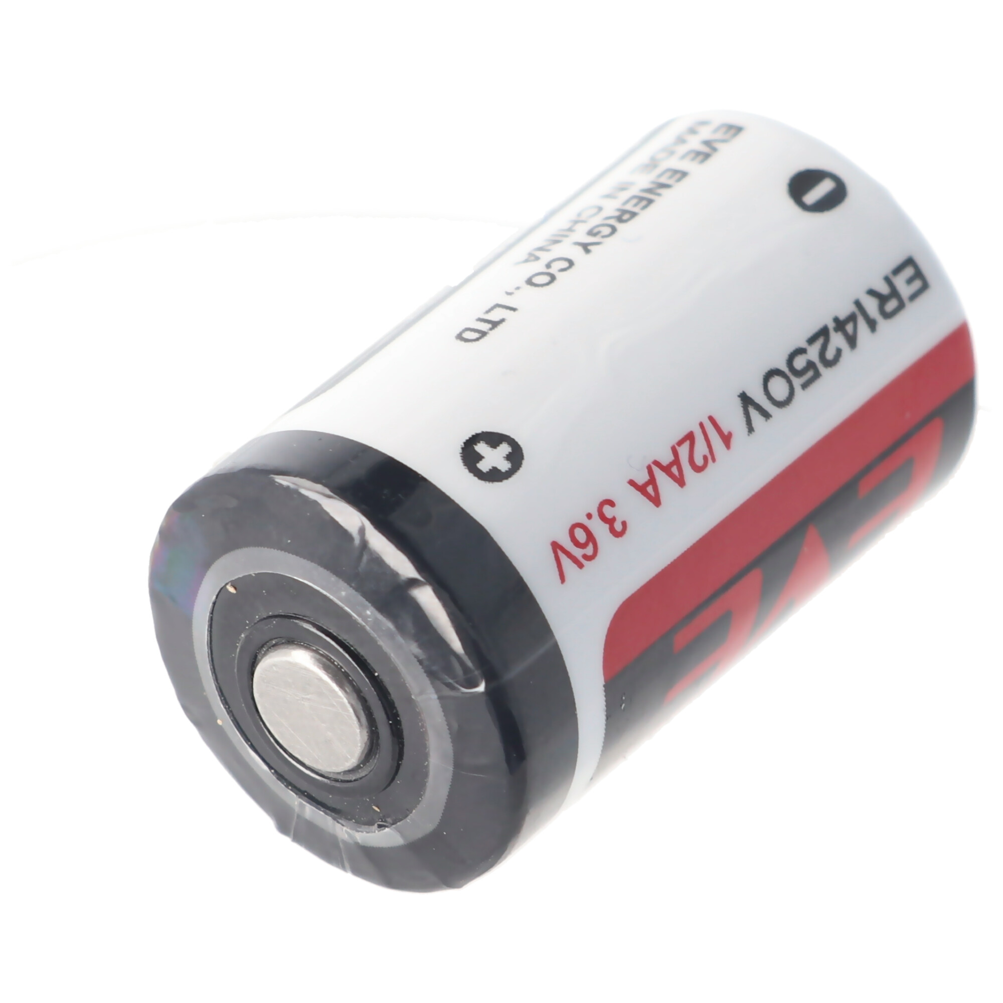 Eine zylindrische Batterie mit weißen und roten Etiketten. Text enthält 'EVE' und 'ER14250V'.
