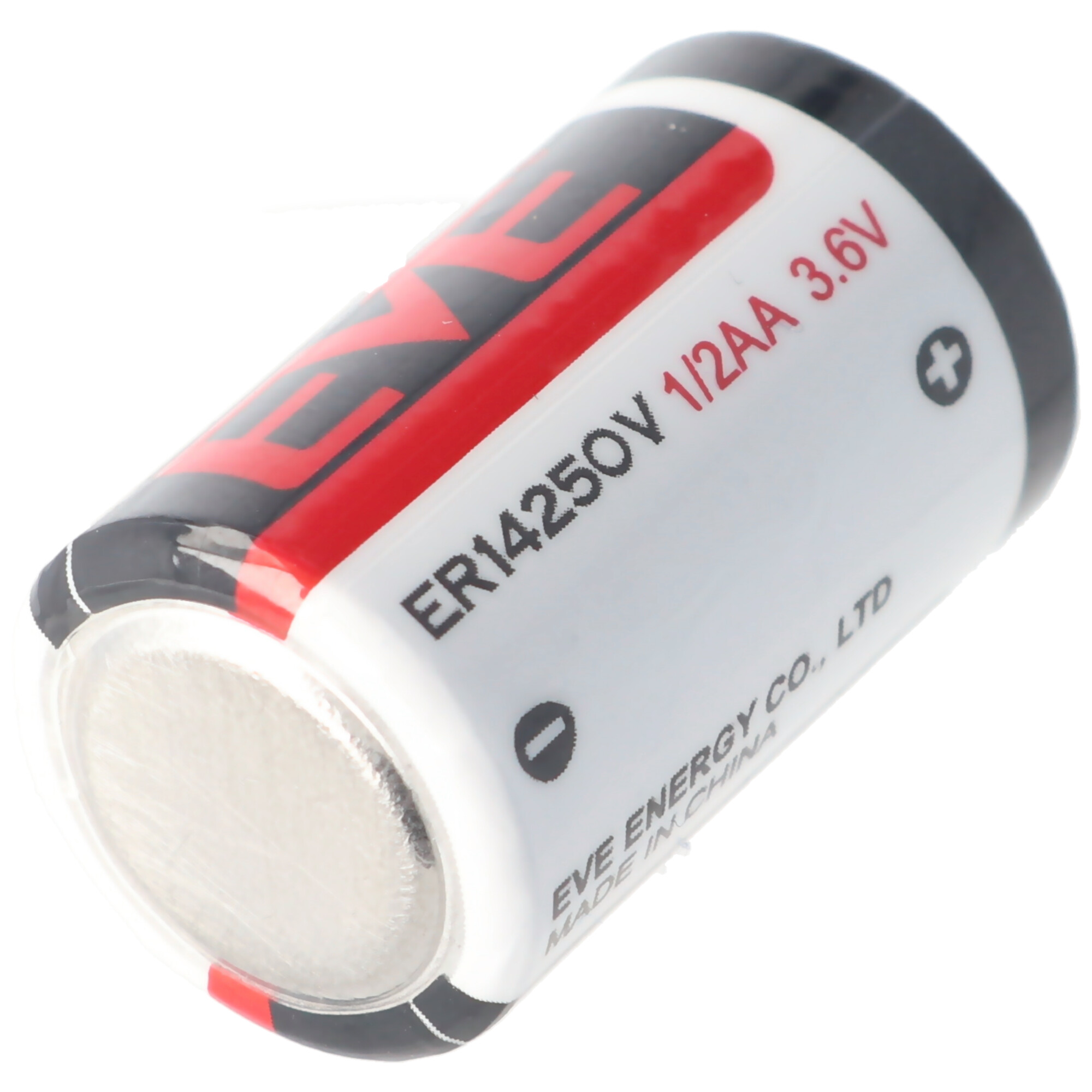 Eine weiße, zylindrische Batterie mit schwarzen und roten Akzenten. Sie trägt die Aufschrift: ER14250V 1/2AA 3.6V und das EVE-Logo.