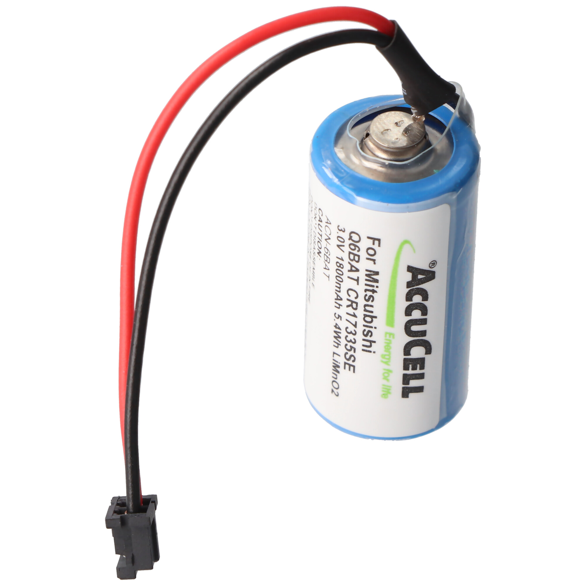 Eine Batterie mit roten und schwarzen Drähten. Sie hat ein blaues Etikett mit weißem Text. Die Marke ist Accucell.