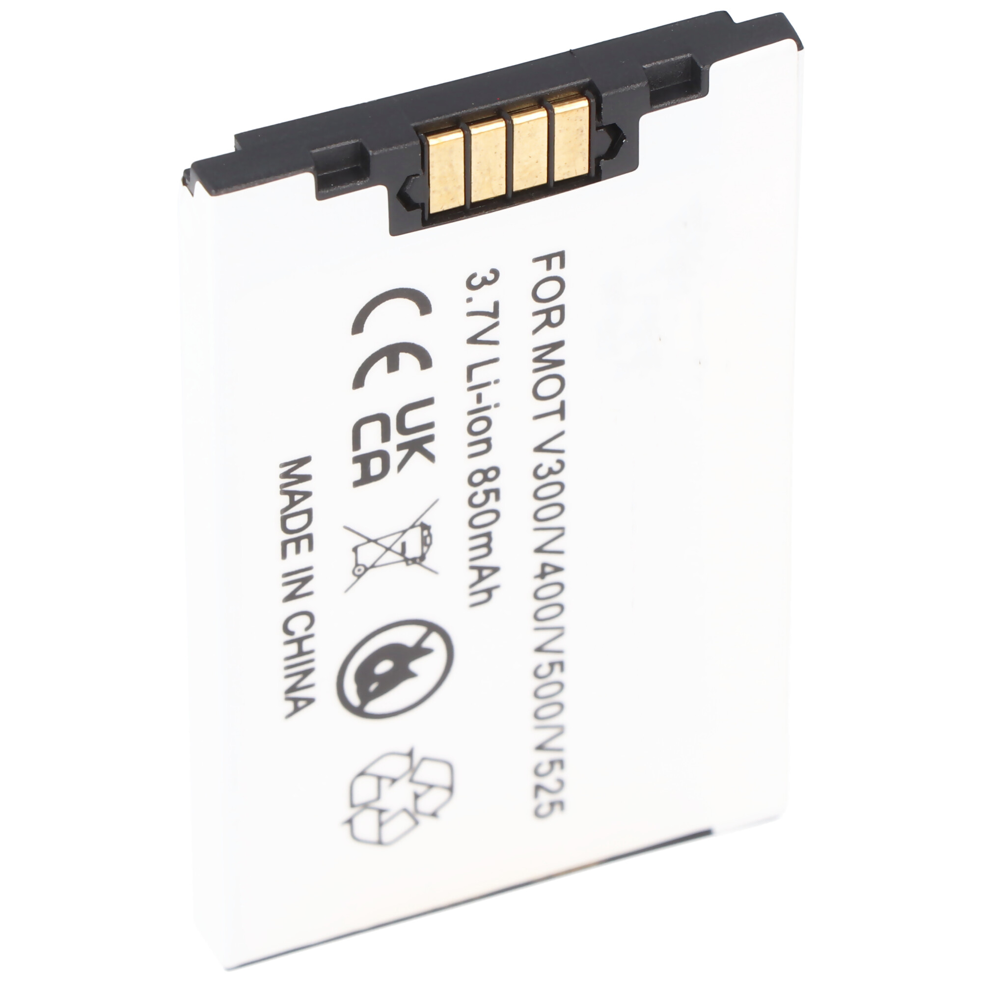 Siyah üst, altın konektörler ve basılı metin içeren beyaz bir pil. 3.7V Li-ion 850mAh, Çin'de üretilmiştir.