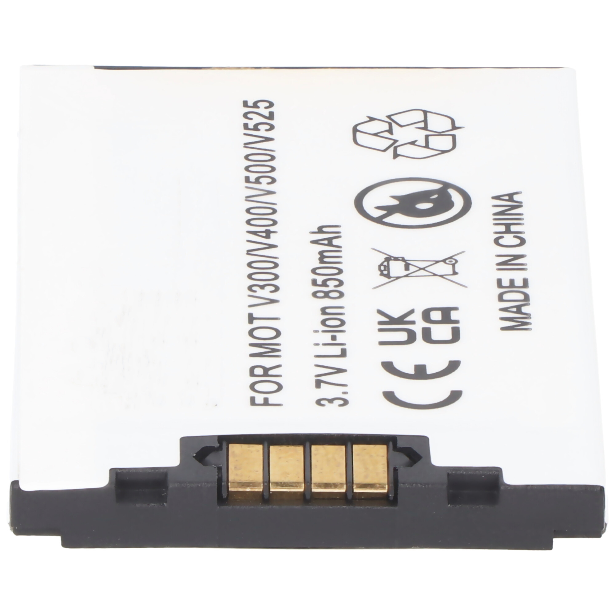 Metin, bir konektör ve semboller içeren dikdörtgen bir pil. 3.7V Li-ion 850mAh, MOT V300/V400/V500/V525 İÇİN, ÇİN'DE ÜRETİLMİŞ yazıyor.