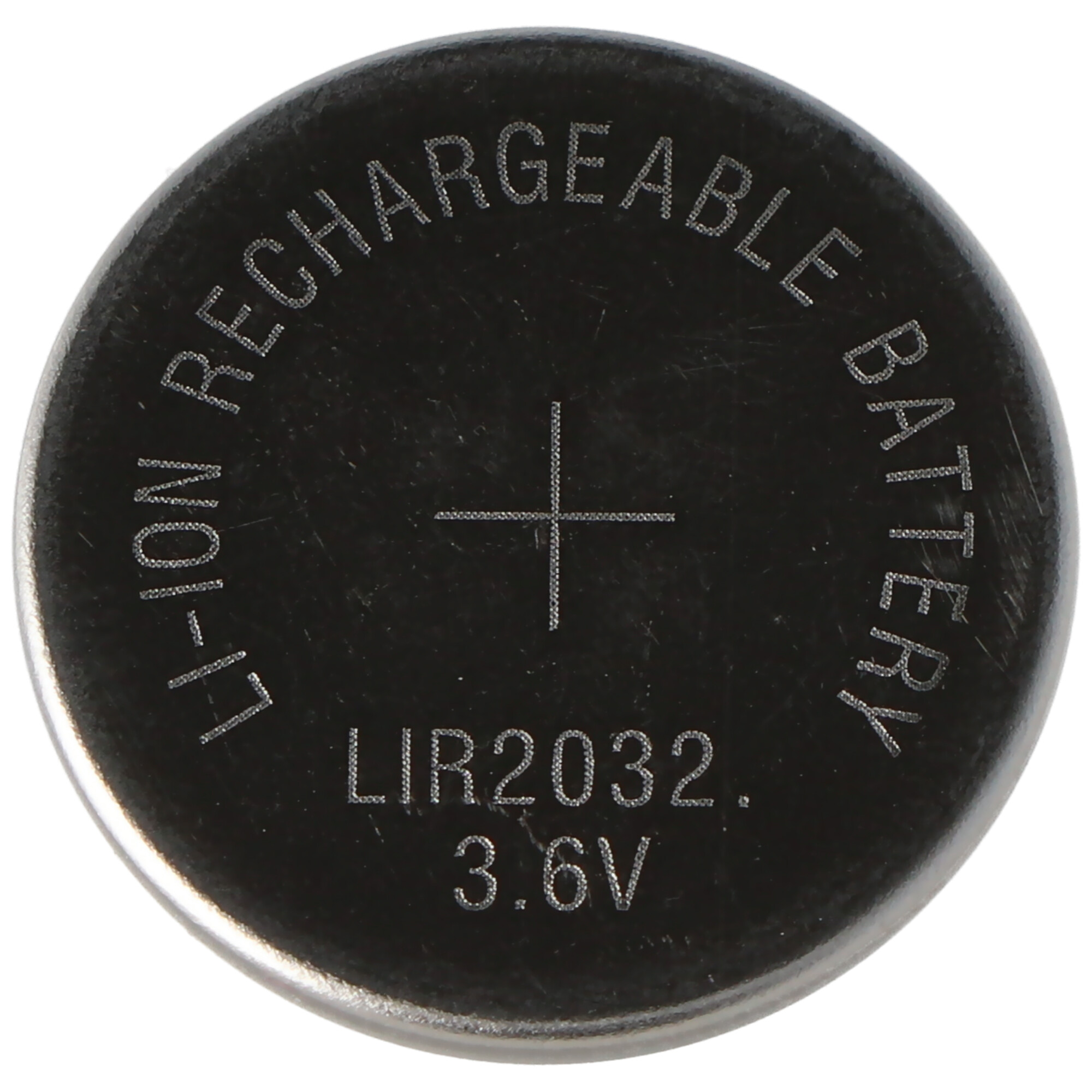 Yuvarlak, siyah bir Lityum-iyon şarj edilebilir pil. Üzerinde 'LI-ION RECHARGEABLE BATTERY', 'LIR2032. 3.6V' ve artı işareti yazıyor.