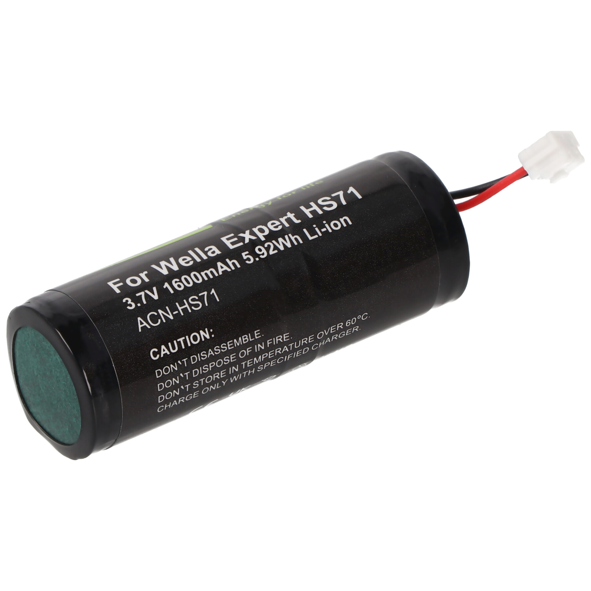 Beyaz metin, yeşil bir uç ve beyaz bir konektör içeren siyah bir pil. Şunları okur: For Wella Expert HS71, 3.7V 1600mAh.