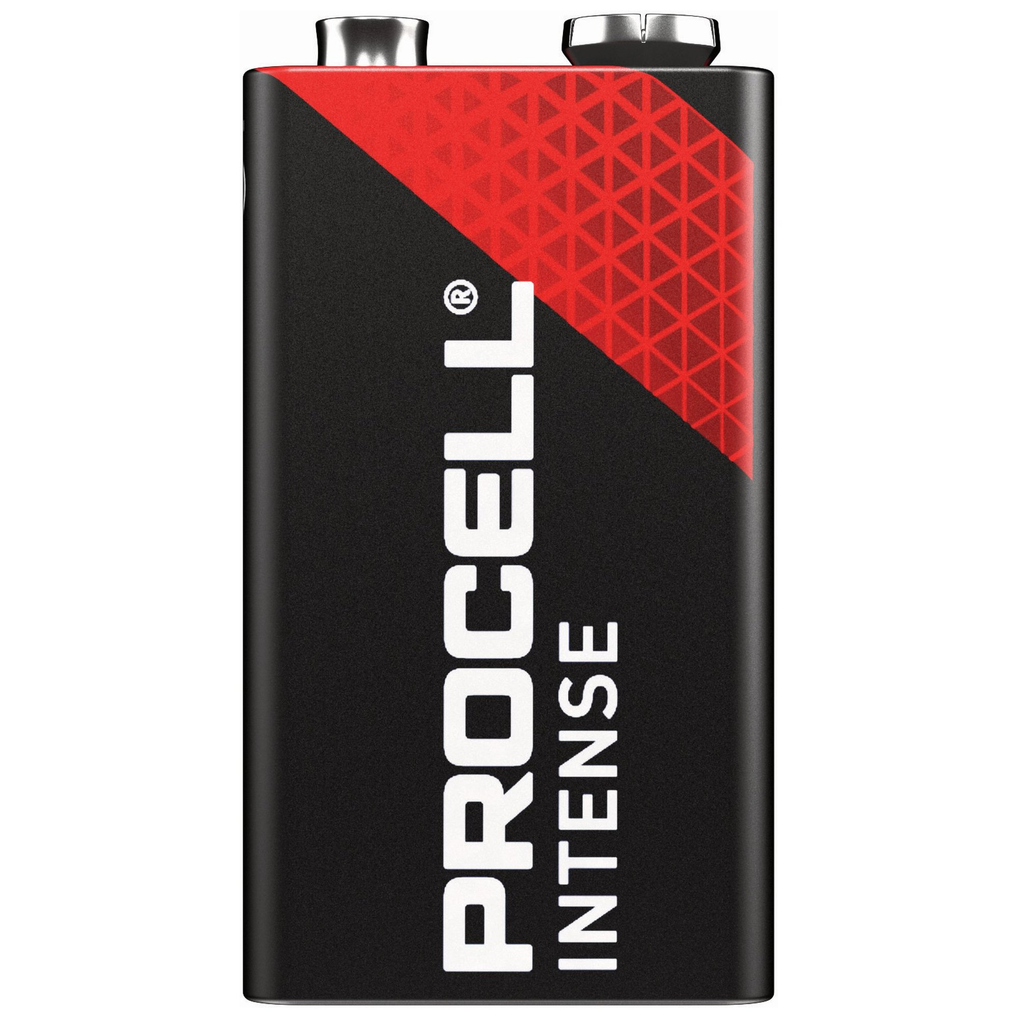 Procell Intense 9V pil. Siyah gövde, kırmızı üçgen desenli. Üstte gümüş terminaller. Beyaz PROCELL ve INTENSE yazısı.