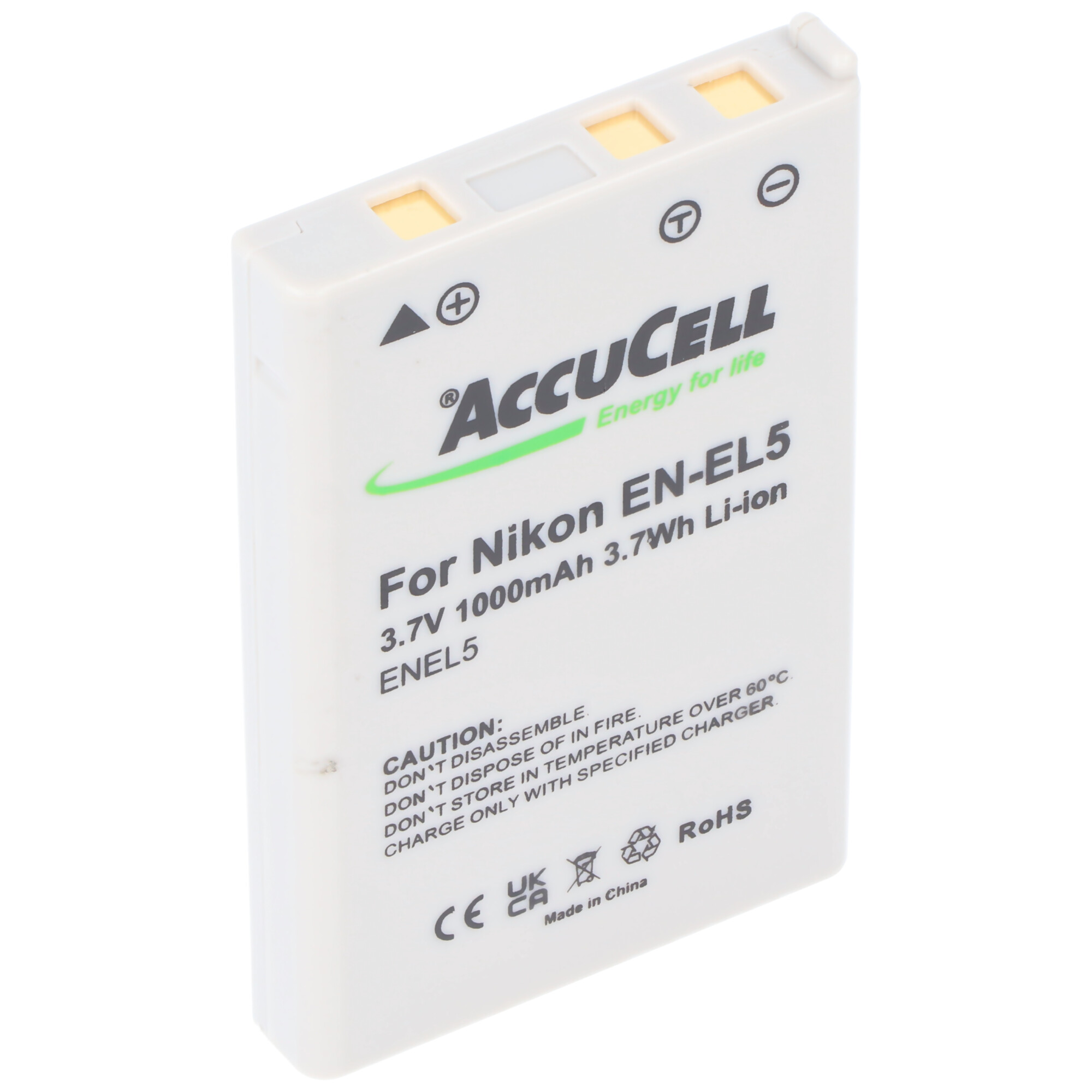 Batteria Accucell bianca per Nikon EN-EL5, con testo e simboli. Ha quadrati gialli e un triangolo nero.