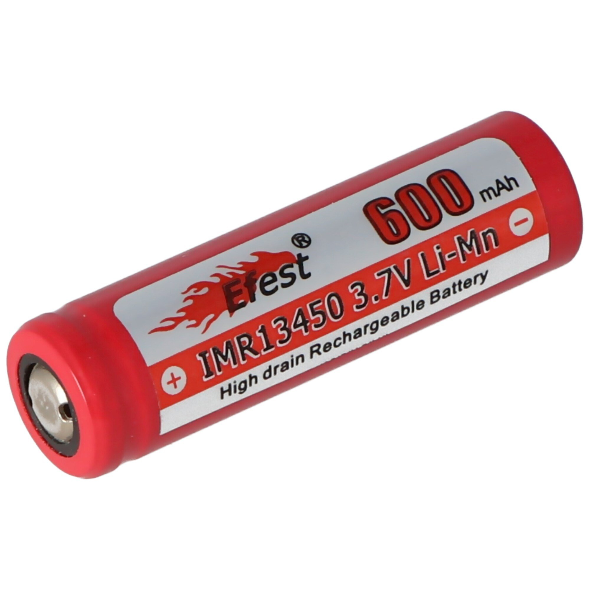 Kırmızı bir Efest IMR13450 3.7V Li-Mn şarj edilebilir pil. 600mAh kapasiteye sahiptir. Metin ve logolar beyaz etikette.