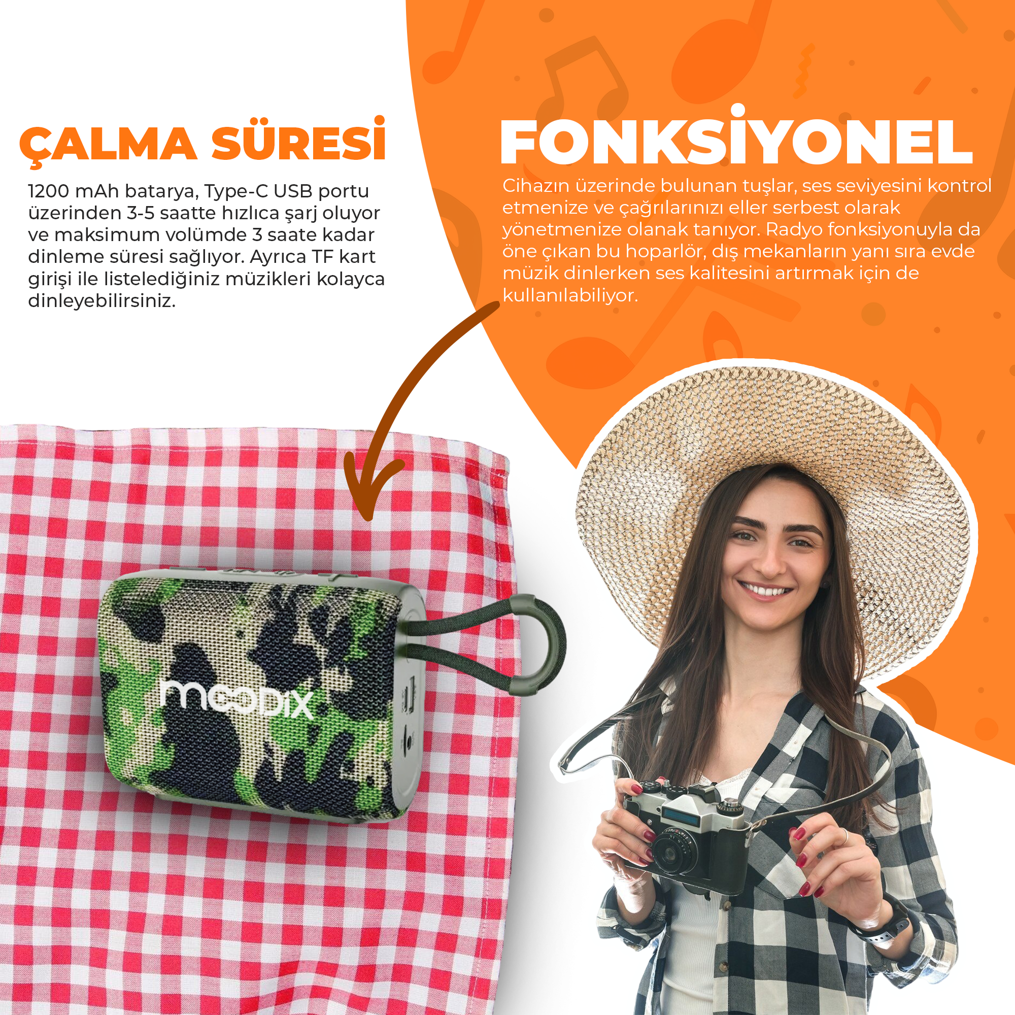 Şapkalı ve kameralı kadın, kırmızı ekose kumaş üzerinde hoparlör. Pil, şarj etme ve radyo işlevleri hakkında metin.