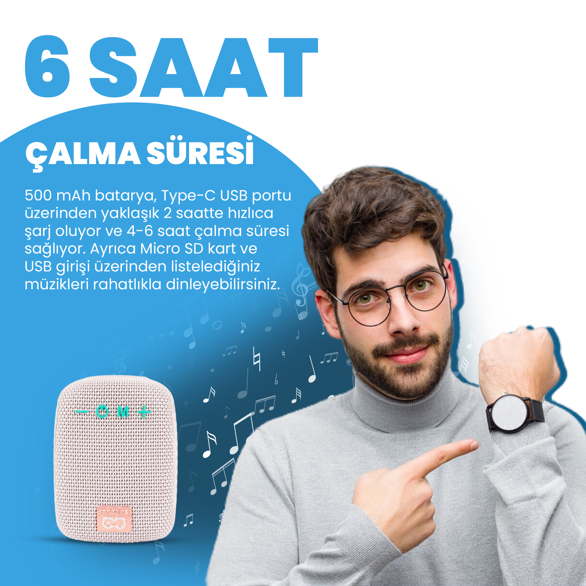 Gözlüklü adam saate işaret ediyor. Metin: 6 saat çalma süresi. Sol tarafta bir hoparlör var.