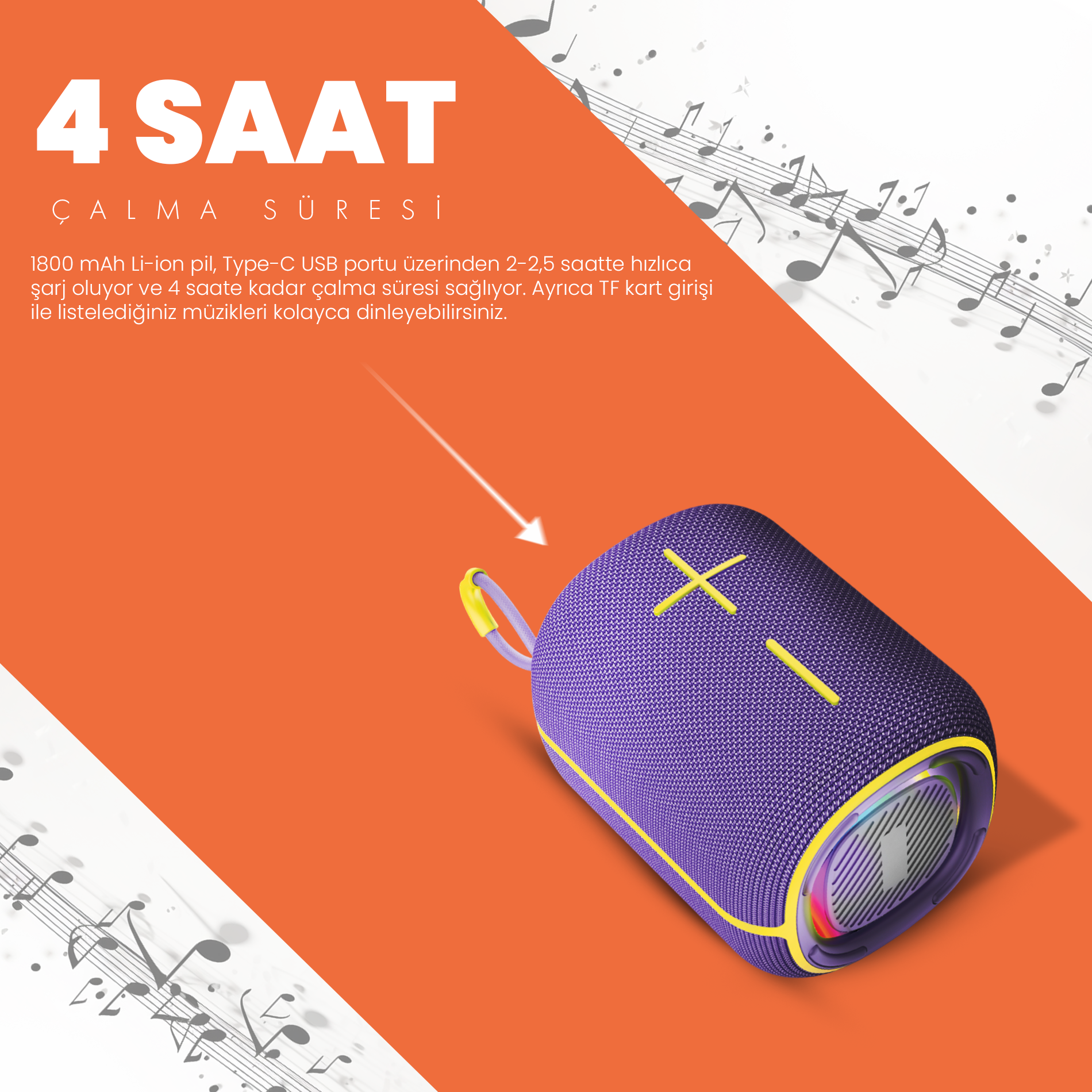 Sarı detaylı mor hoparlör. Turuncu arka plan ve müzik notaları. Metin: 4 SAAT, 4 saat oynatma süresi ve şarj detayları.