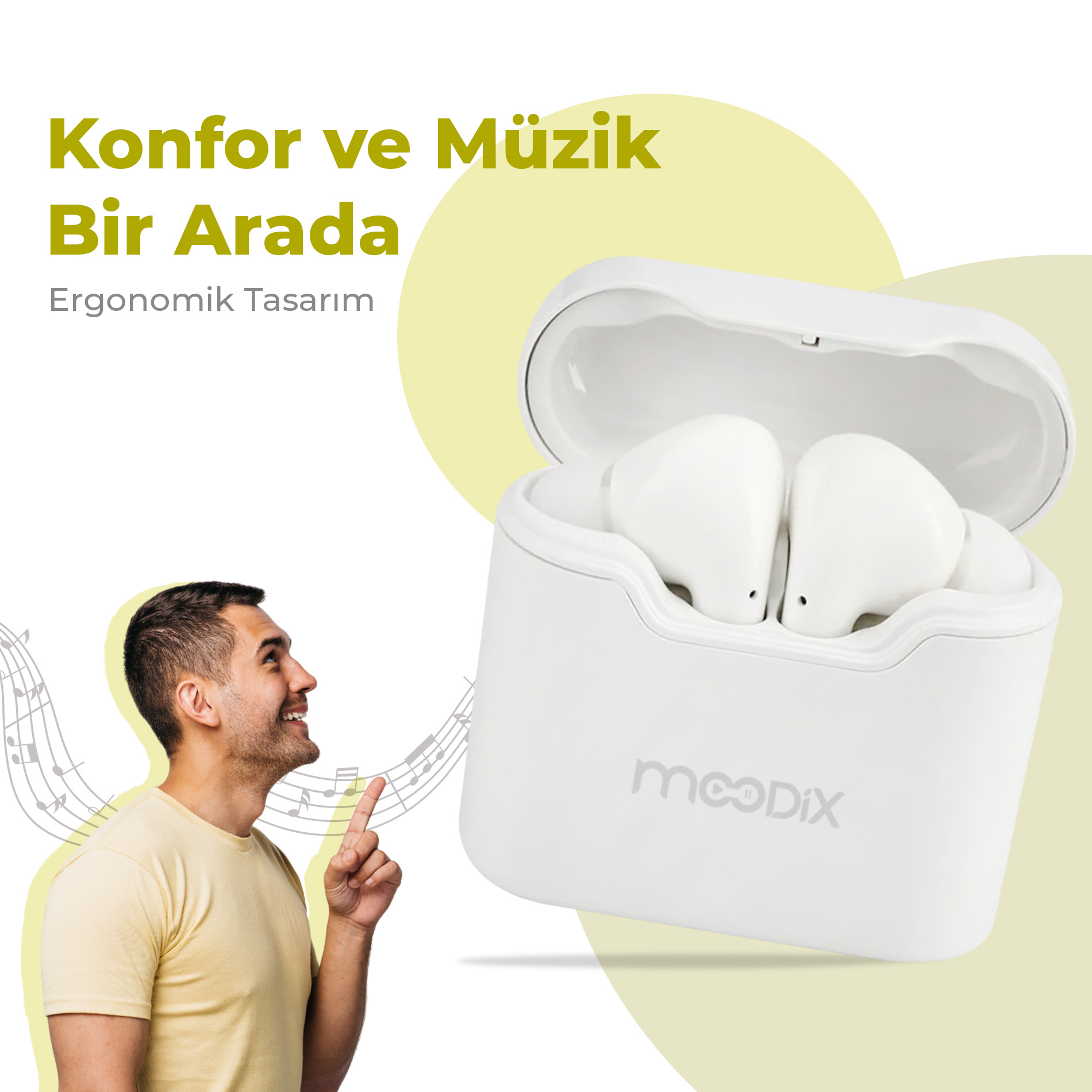 Bir adam, kulaklıklarla beyaz bir kulaklık çantasına işaret ediyor. Türkçe metin 'Konfor ve Müzik Bir Arada' diyor.