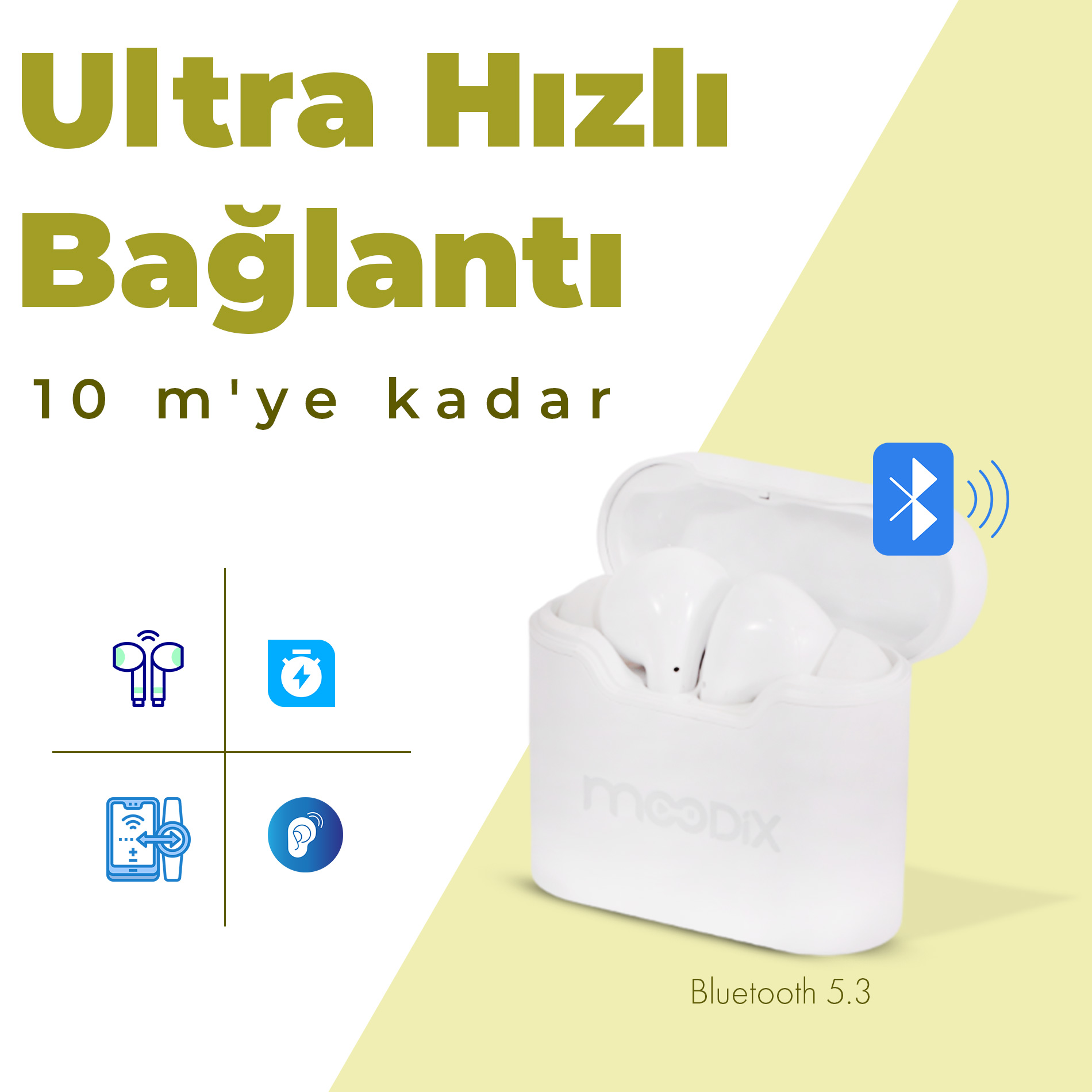 Beyaz kablosuz kulaklıklar, Bluetooth 5.3, 'Ultra Hızlı Bağlantı' yazısı ile.