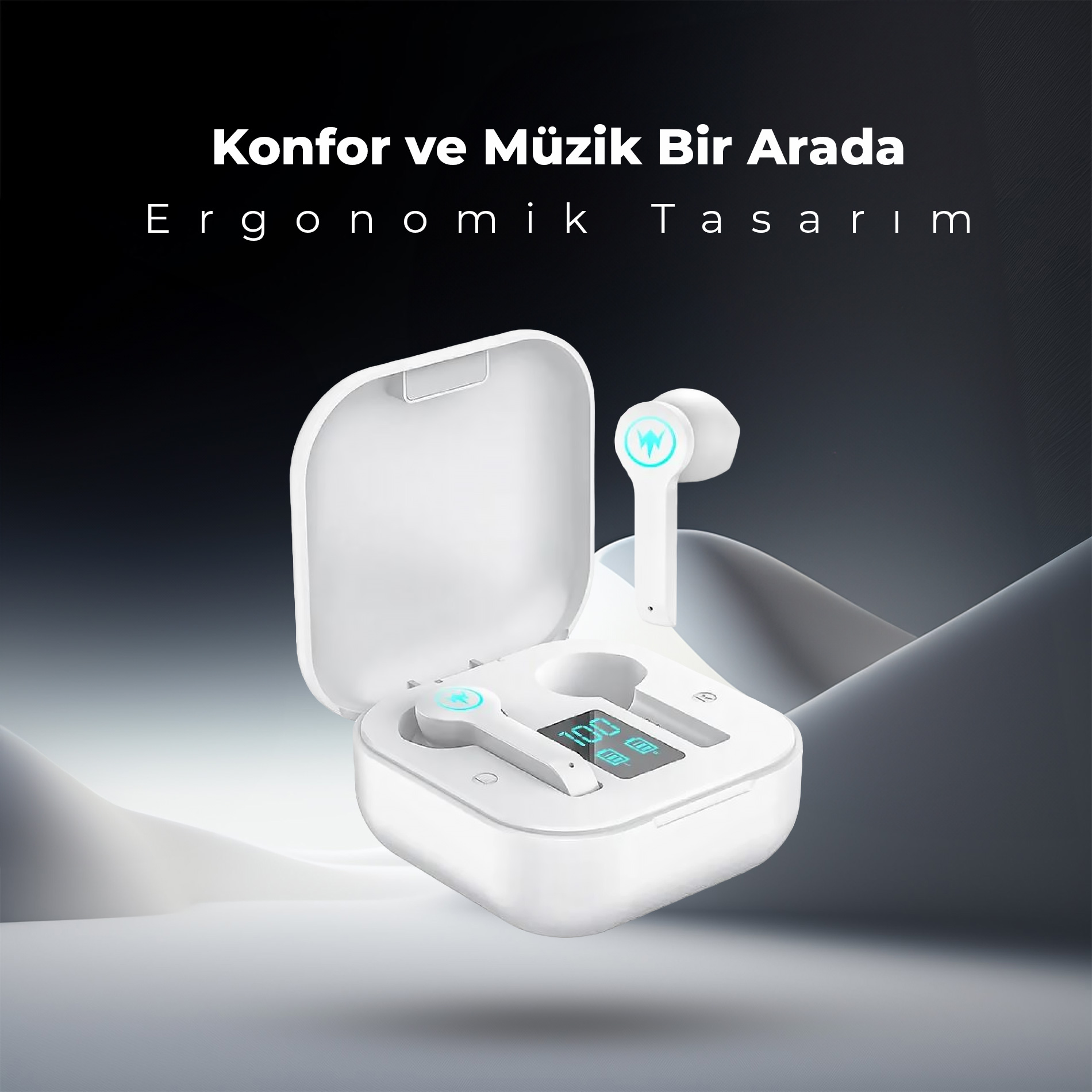 Beyaz kablosuz kulaklıklar, dijital ekranlı bir kutuda, pil ömrünü gösteriyor. Arka plan soyut.