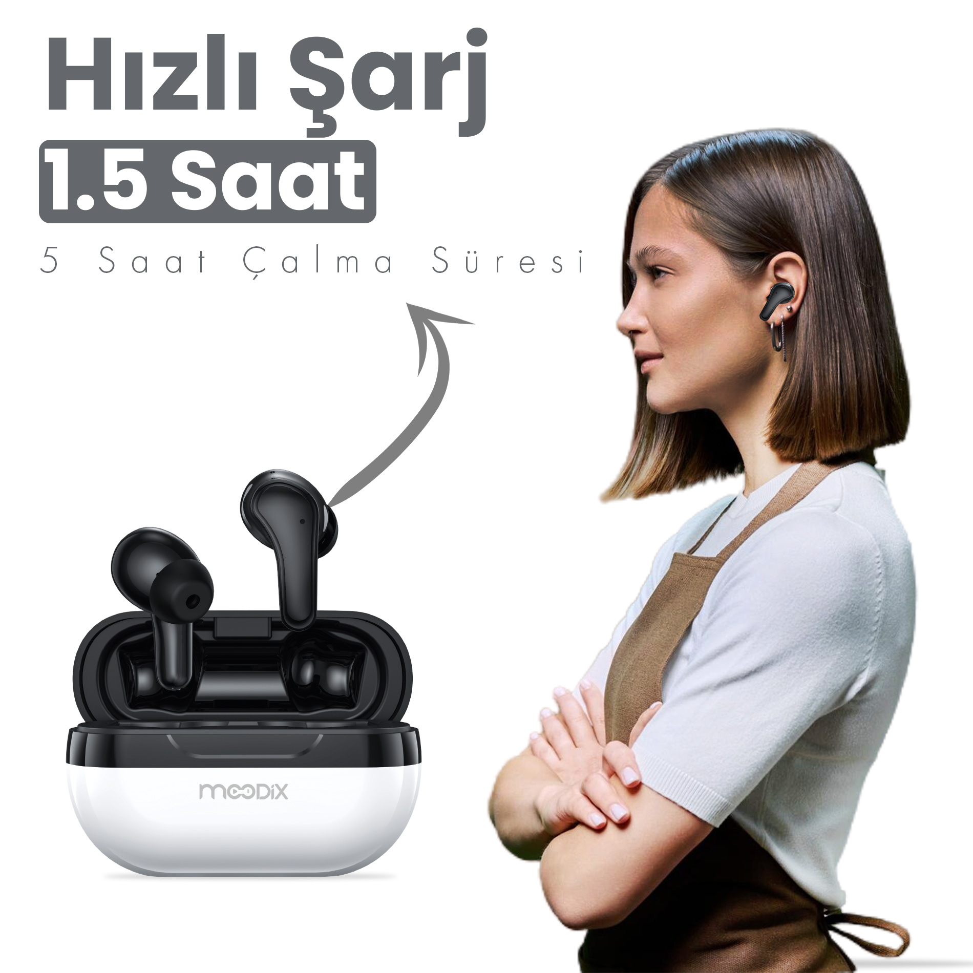 Bir kadın kulaklık takmış, yanında bir şarj kutusu. Metin hızlı şarj ve 5 saat oynatma süresi gösteriyor.