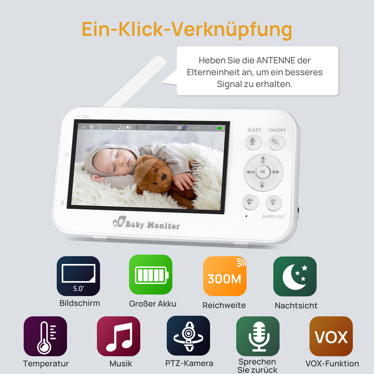 Babyphone mit Bildschirm, auf dem ein schlafendes Baby und ein Teddybär zu sehen sind. Symbole für Funktionen wie Nachtsicht, Akku und Reichweite.