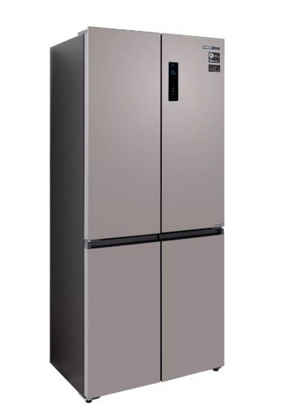 Un refrigerador de acero inoxidable de cuatro puertas con pantalla digital. Las puertas son grises. Los lados son negros.