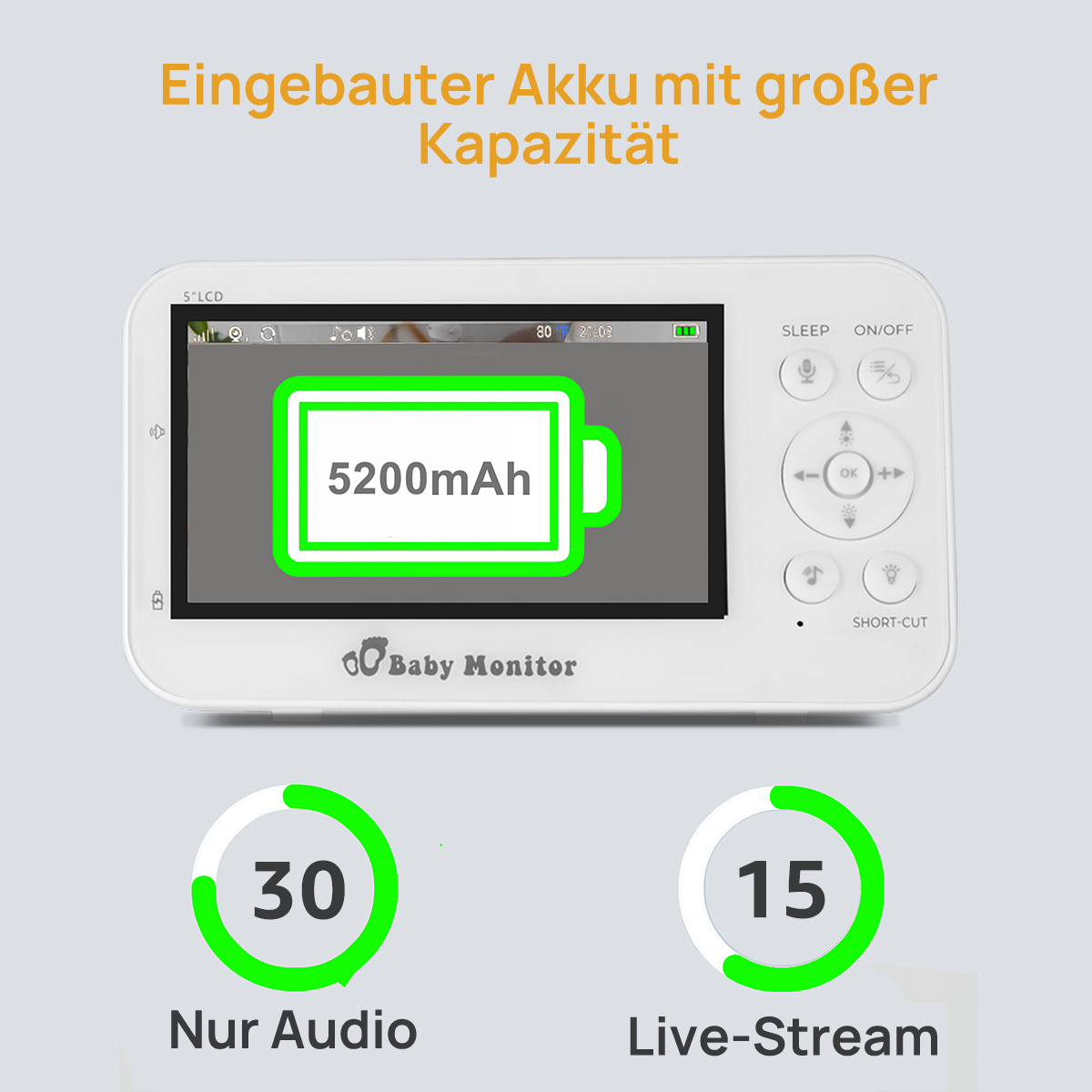 Ein Babyphone mit Bildschirm, der Akkulaufzeit und Einstellungen anzeigt. Text: Eingebauter Akku mit großer Kapazität, 5200mAh, Nur Audio, Live-Stream.
