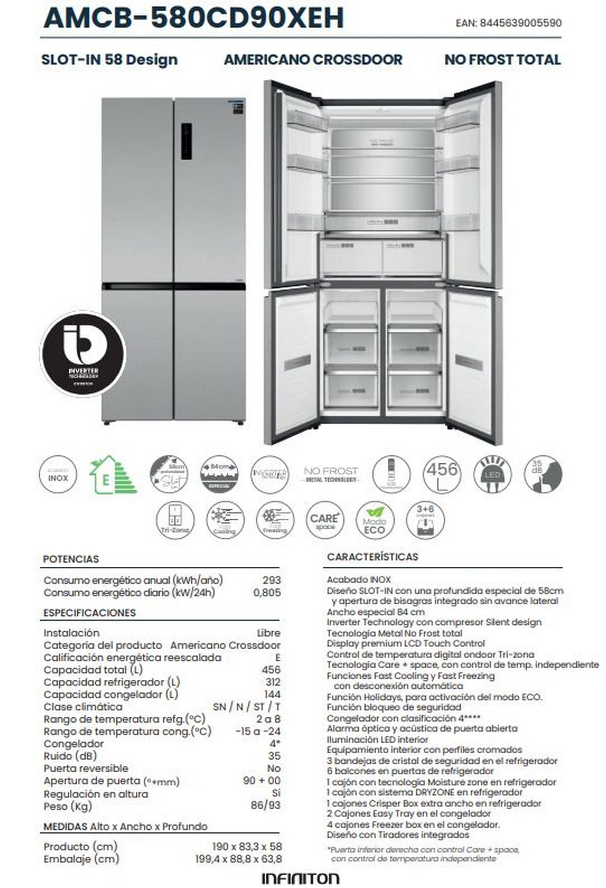Se muestra un refrigerador plateado de cuatro puertas abierto. Especificaciones y características del producto se enumeran.