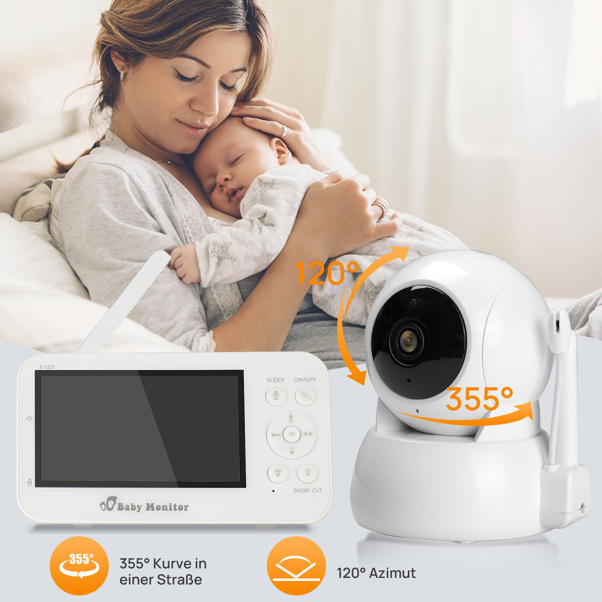 Eine Frau hält ein schlafendes Baby. Ein Babyphone und eine Überwachungskamera befinden sich im Vordergrund. Pfeile zeigen Drehwinkel.