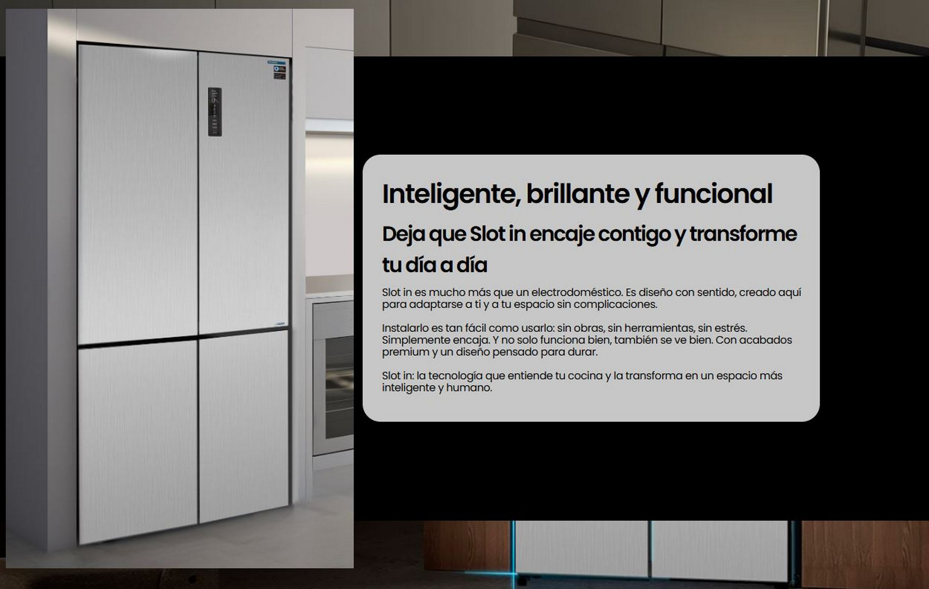 Se muestra un refrigerador de acero inoxidable con cuatro puertas. Un cuadro de texto a la derecha describe sus características en español.