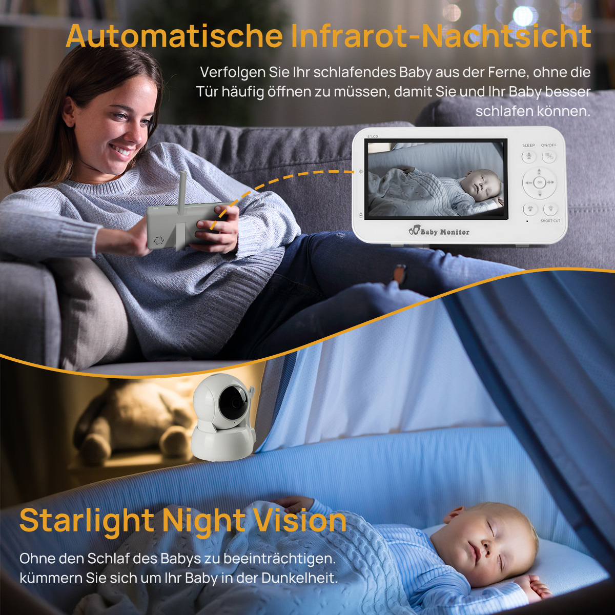 Frau mit Babyphone, Baby im Kinderbett, Nachtsichtkamera. Text: Automatische Infrarot-Nachtsicht, Starlight Night Vision.