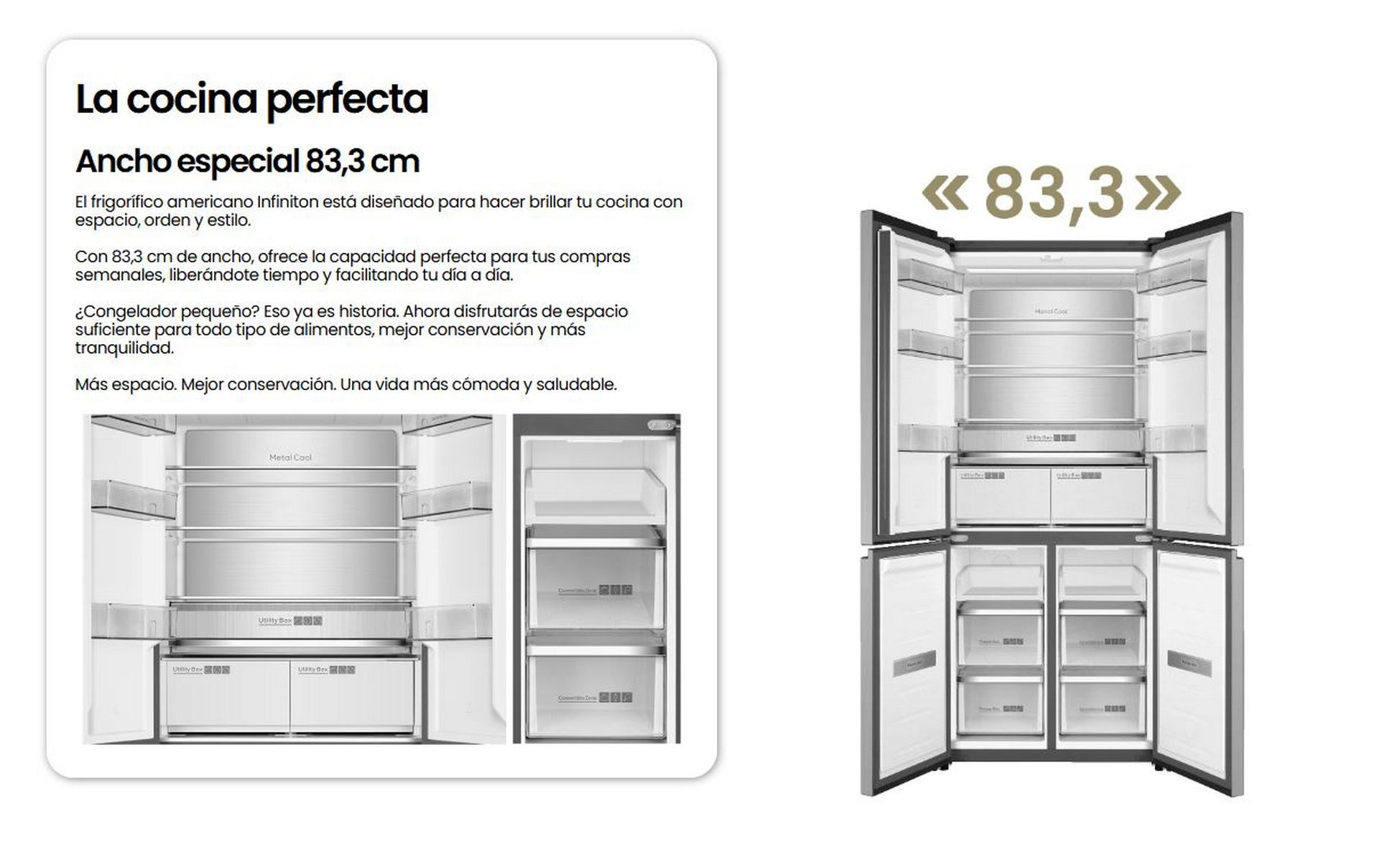 Un refrigerador abierto con múltiples puertas y cajones. El texto de la izquierda describe las características y menciona su ancho.
