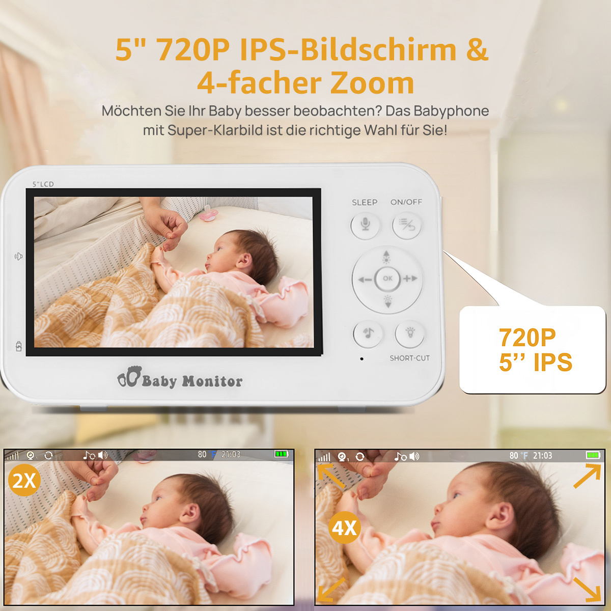 Ein Babyphone zeigt ein Baby in einem Kinderbett. Rechts befindet sich eine Textblase. Unten zwei vergrößerte Ansichten.