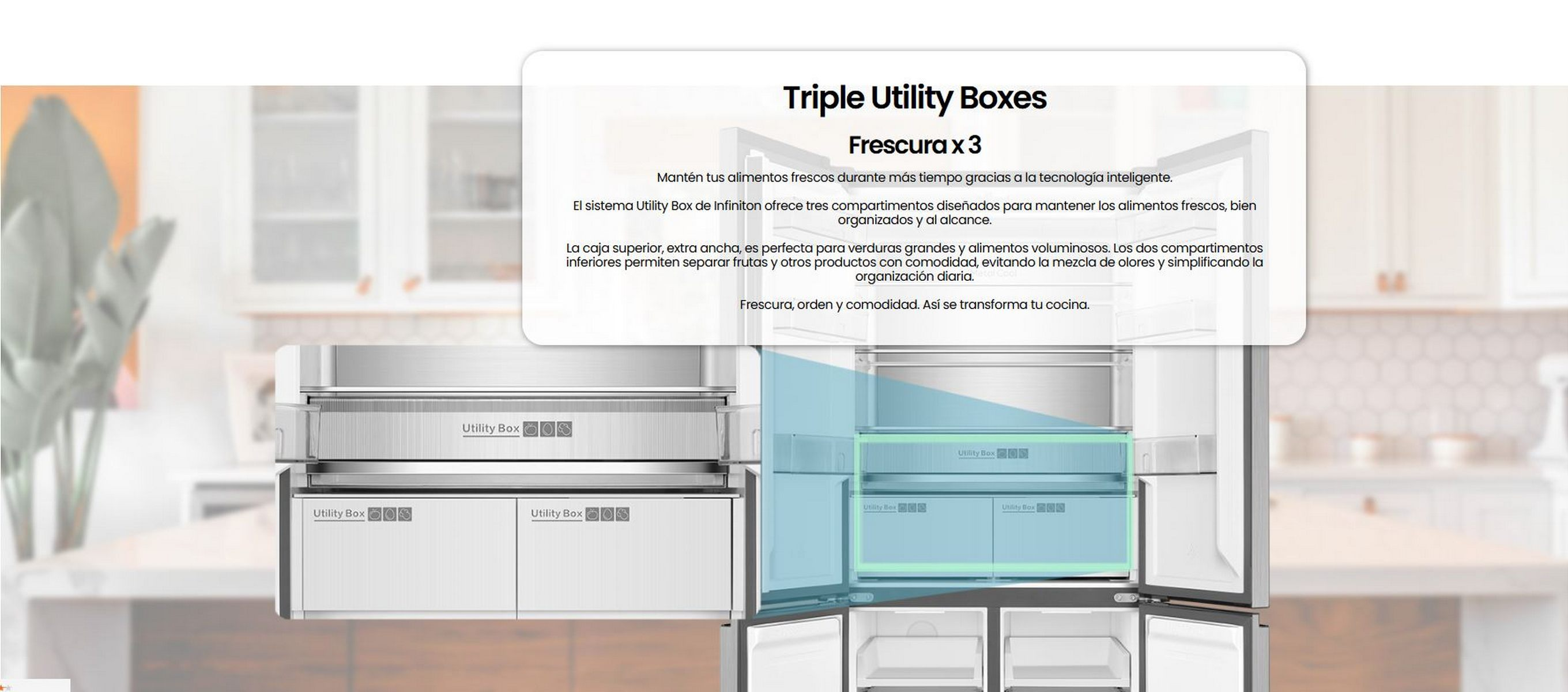 Un refrigerador con tres Utility Boxes está abierto. El texto describe las características de las cajas, promoviendo frescura y organización.