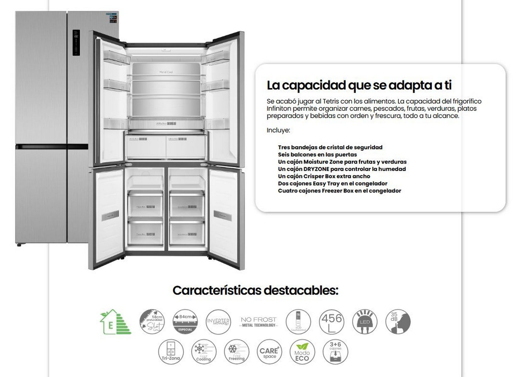 Un refrigerador plateado con puertas abiertas que muestran estantes y cajones. Texto sobre las características a la derecha.