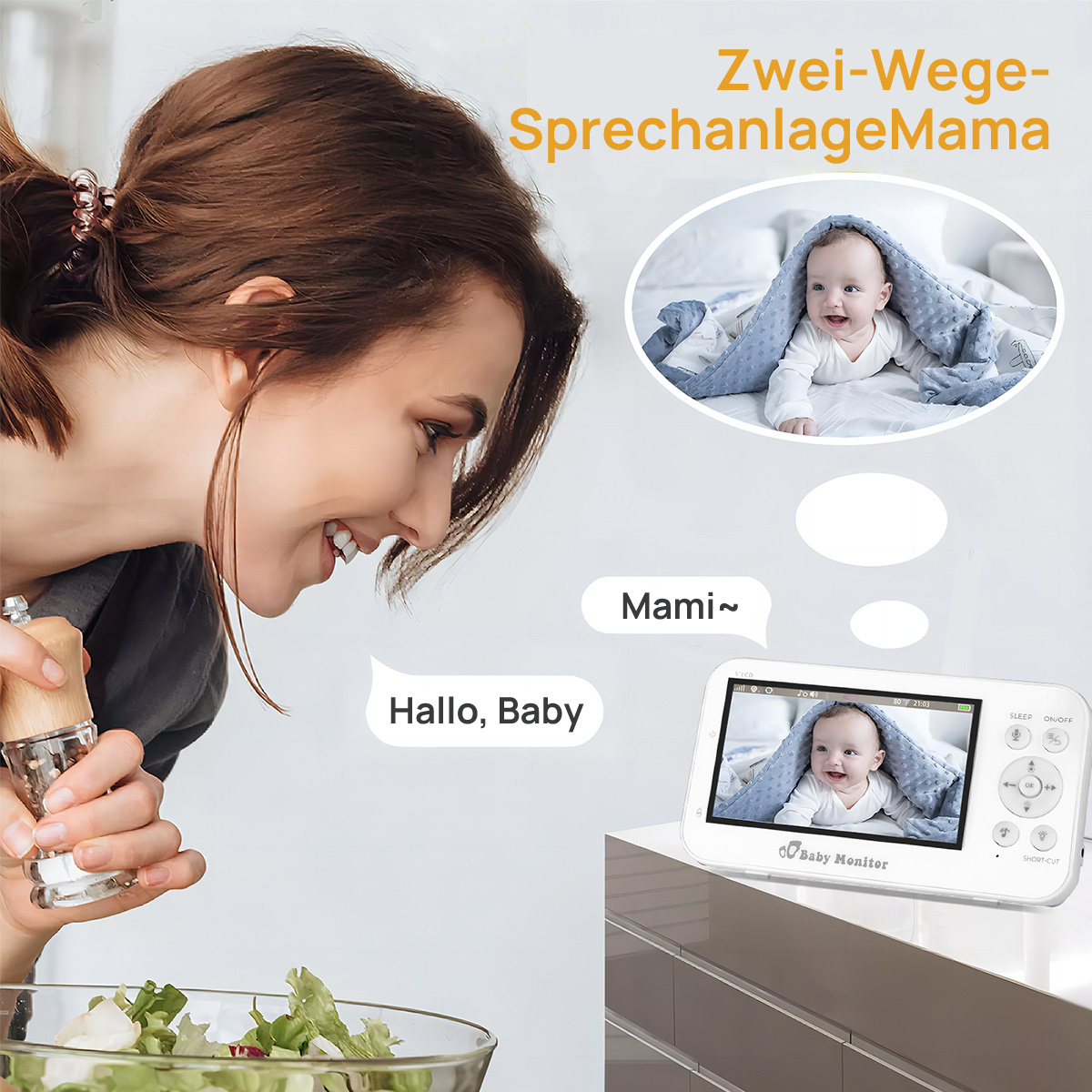 Eine lächelnde Frau benutzt einen Babyphone. Der Bildschirm zeigt ein Baby mit Decke. Sprechblasen sagen 'Hallo, Baby' und 'Mami~'.