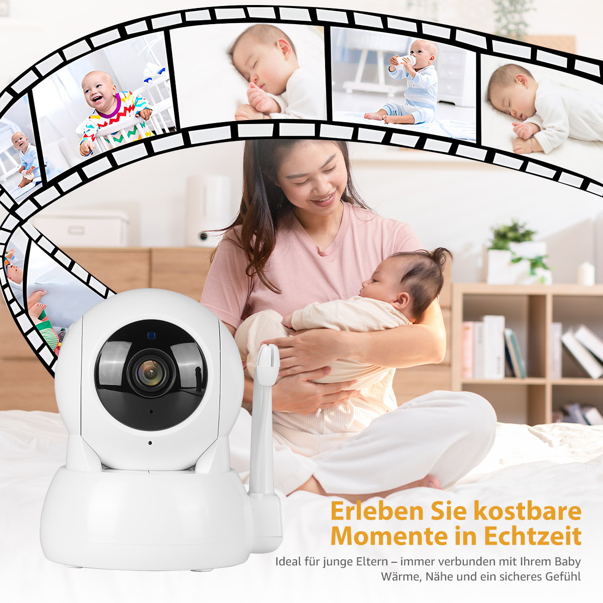 Eine Mutter hält ein Baby, mit einem Babyphone im Vordergrund und Babybildern im Hintergrund.
