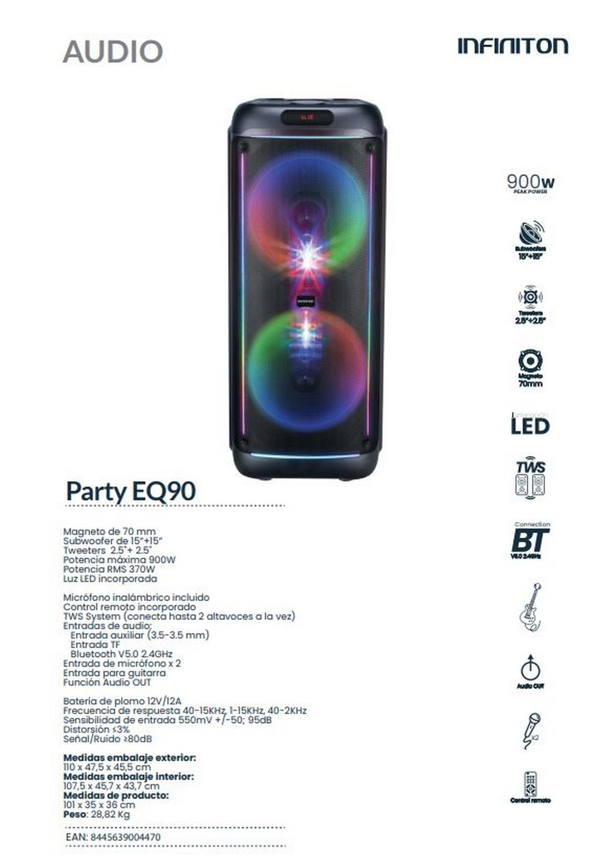 Un altavoz negro con luces coloridas. El texto incluye 'Party EQ90', '900W' y detalles de conexión.
