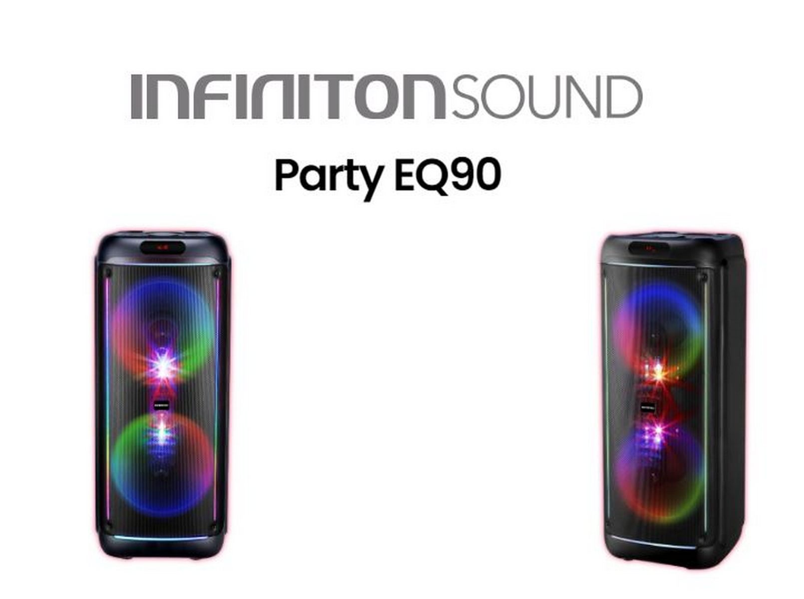 Dos altavoces negros con luces de colores. El texto superior dice INFINITON SOUND, debajo dice Party EQ90.