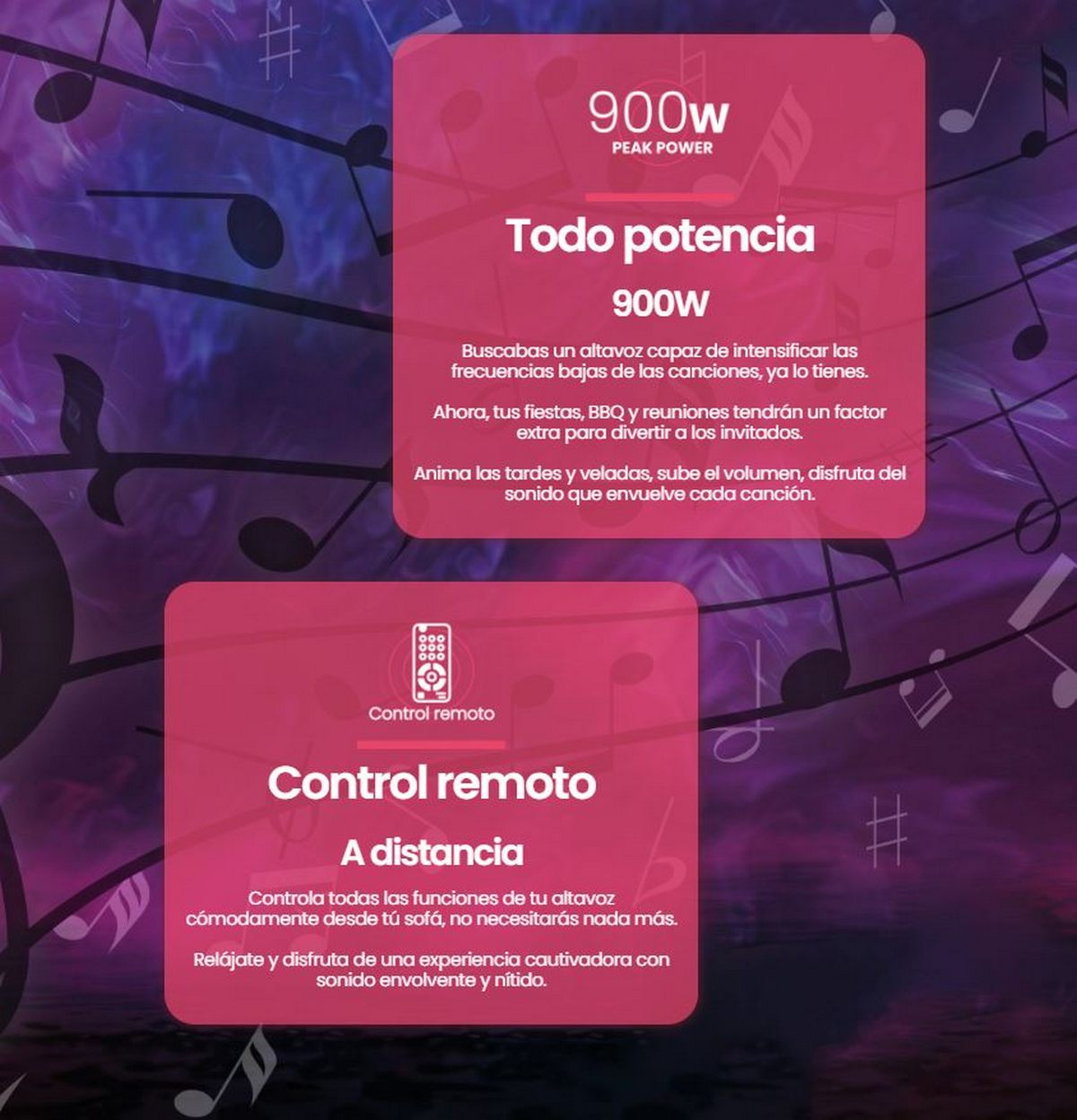 La imagen muestra texto sobre un altavoz con 900W de potencia, control remoto y descripciones sobre un fondo musical púrpura.