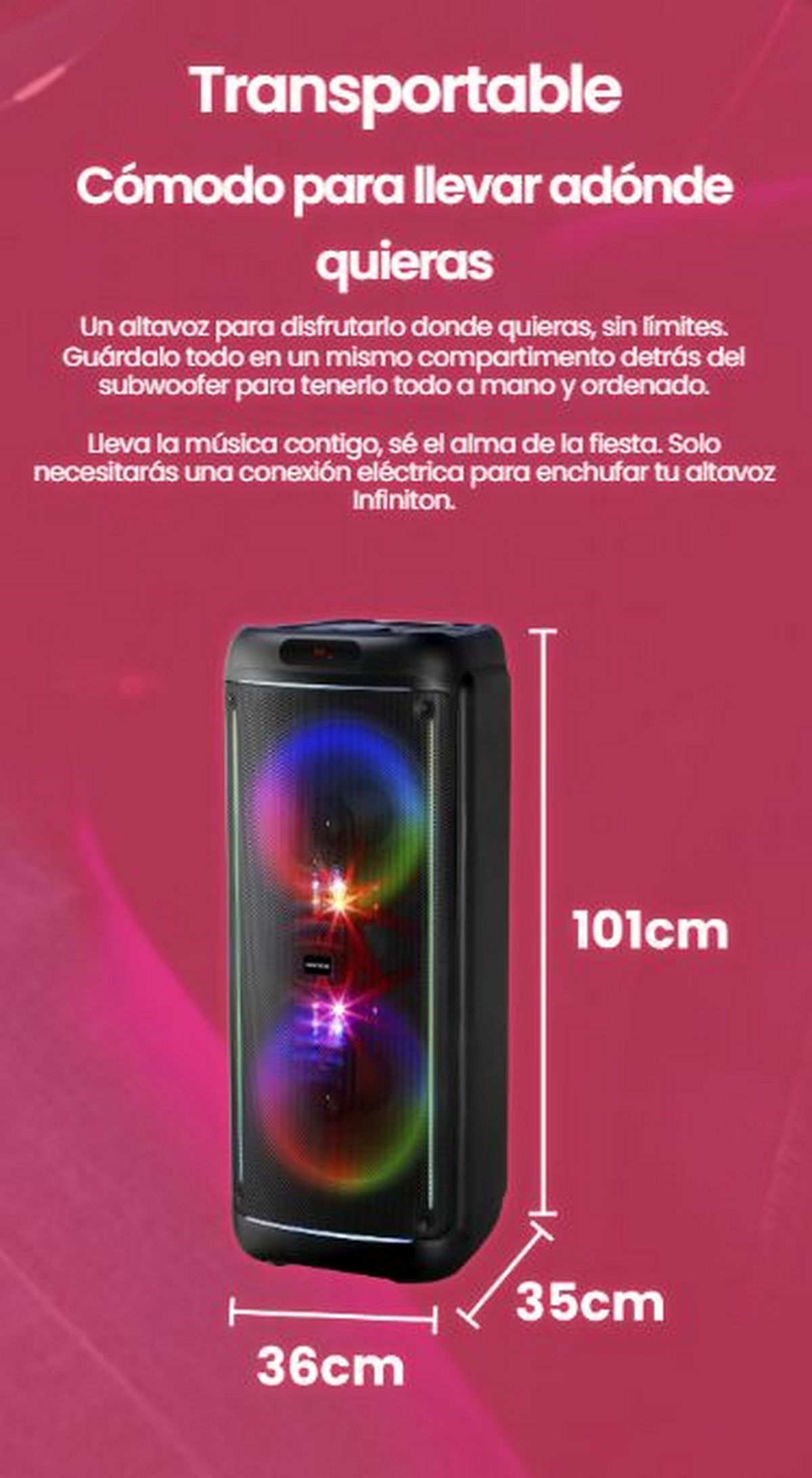 Altavoz negro con luces de colores. Texto dice: 'Transportable. Cómodo para llevar a cualquier lugar'.