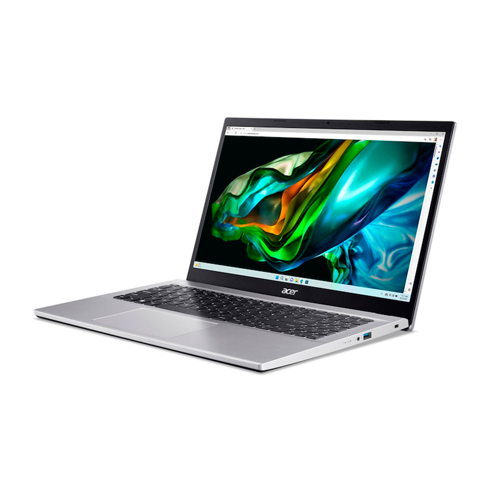 Una laptop Acer plateada está abierta. La pantalla muestra un diseño abstracto colorido. Se ve el teclado y el panel táctil.