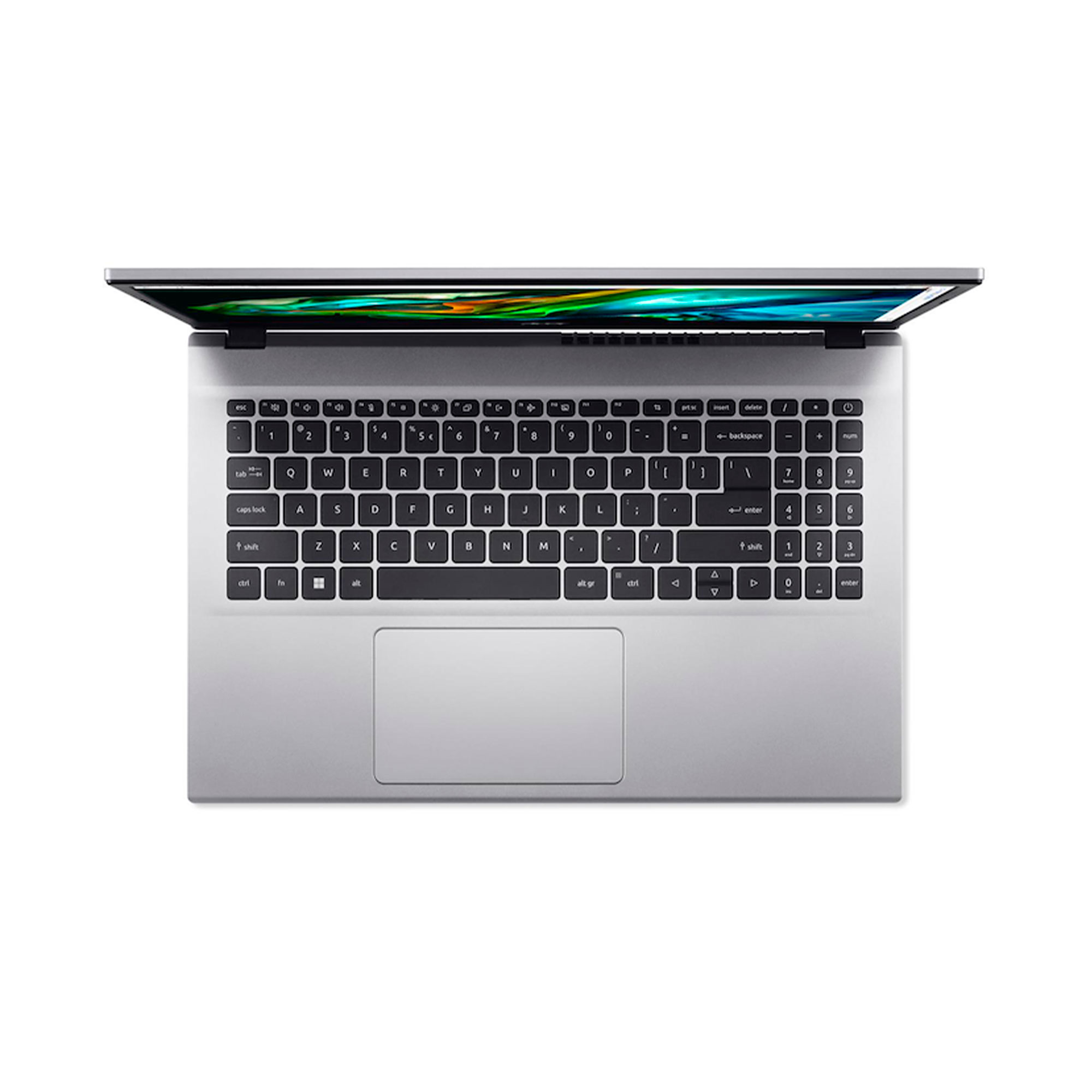 Vista superior de un portátil gris con la pantalla abierta, mostrando un teclado y un panel táctil. La pantalla muestra gráficos coloridos.