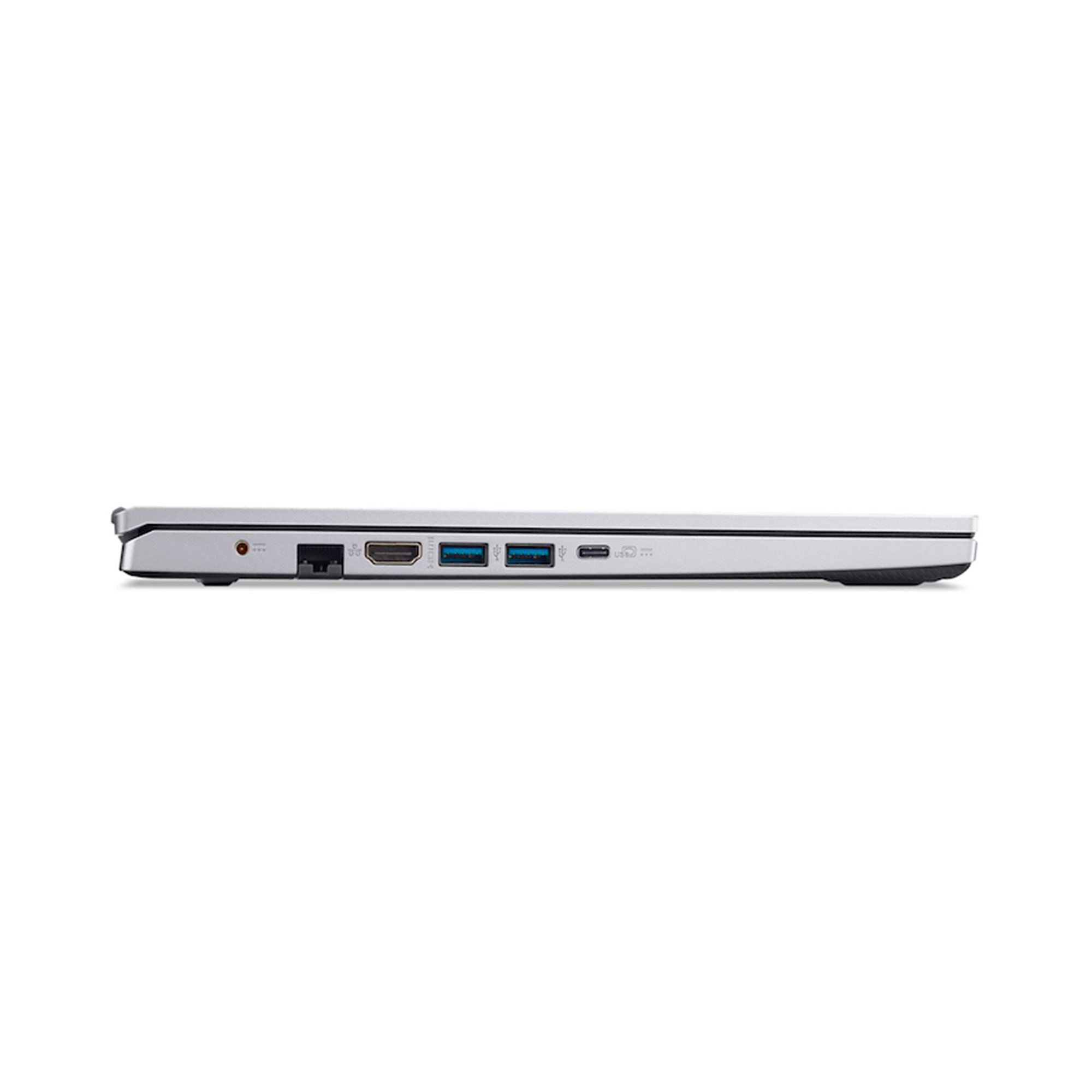 Vista lateral de un portátil plateado con puertos visibles: HDMI, USB, USB-C y otros. El portátil está sobre un fondo blanco.