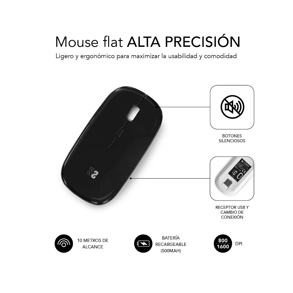 Zwarte platte muis met een wit scrollwiel. Kenmerken zijn stille knoppen, USB-ontvanger en oplaadbare batterij.