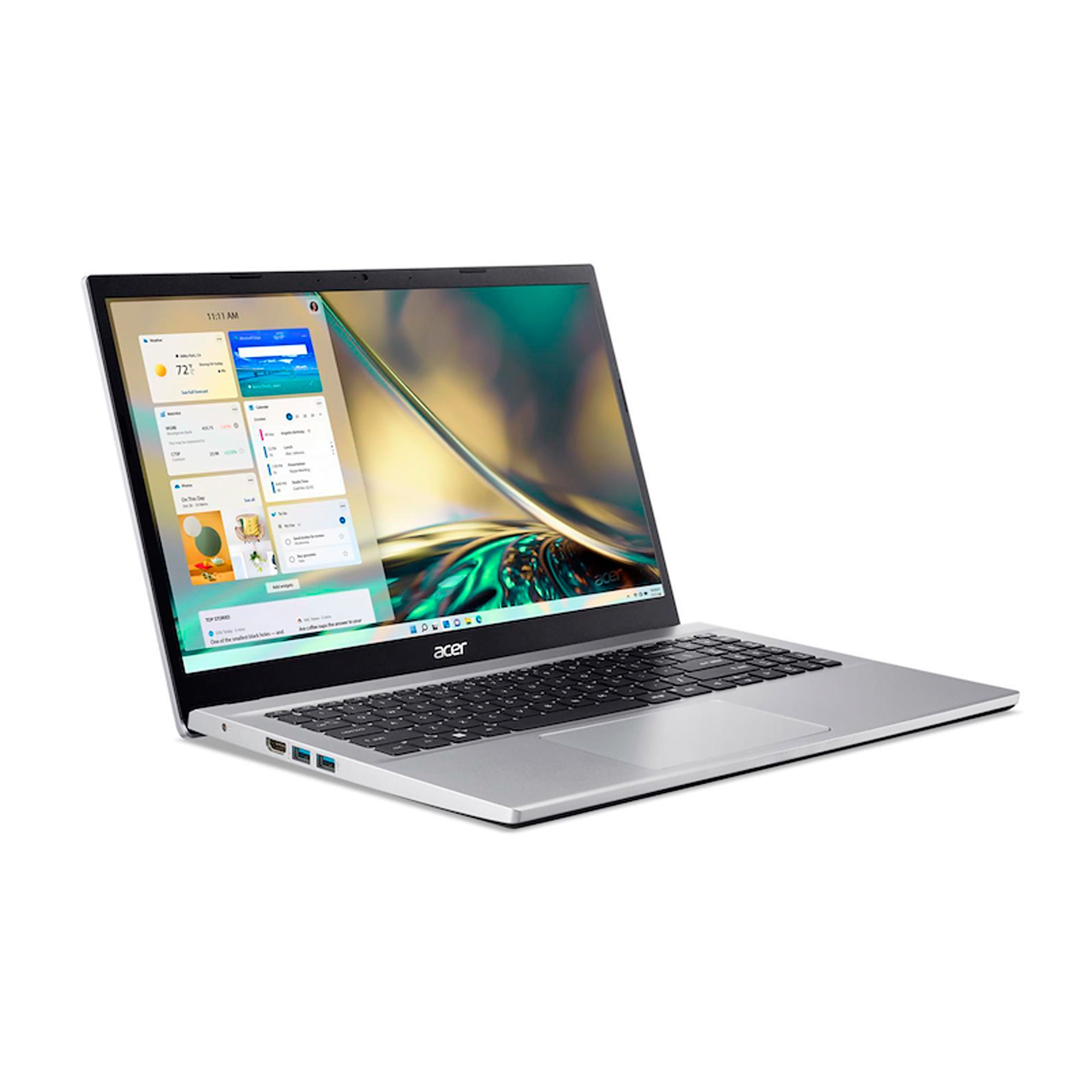 Portátil Acer plateado sobre blanco. La pantalla muestra información. Se ven teclado y panel táctil. El fondo es blanco.