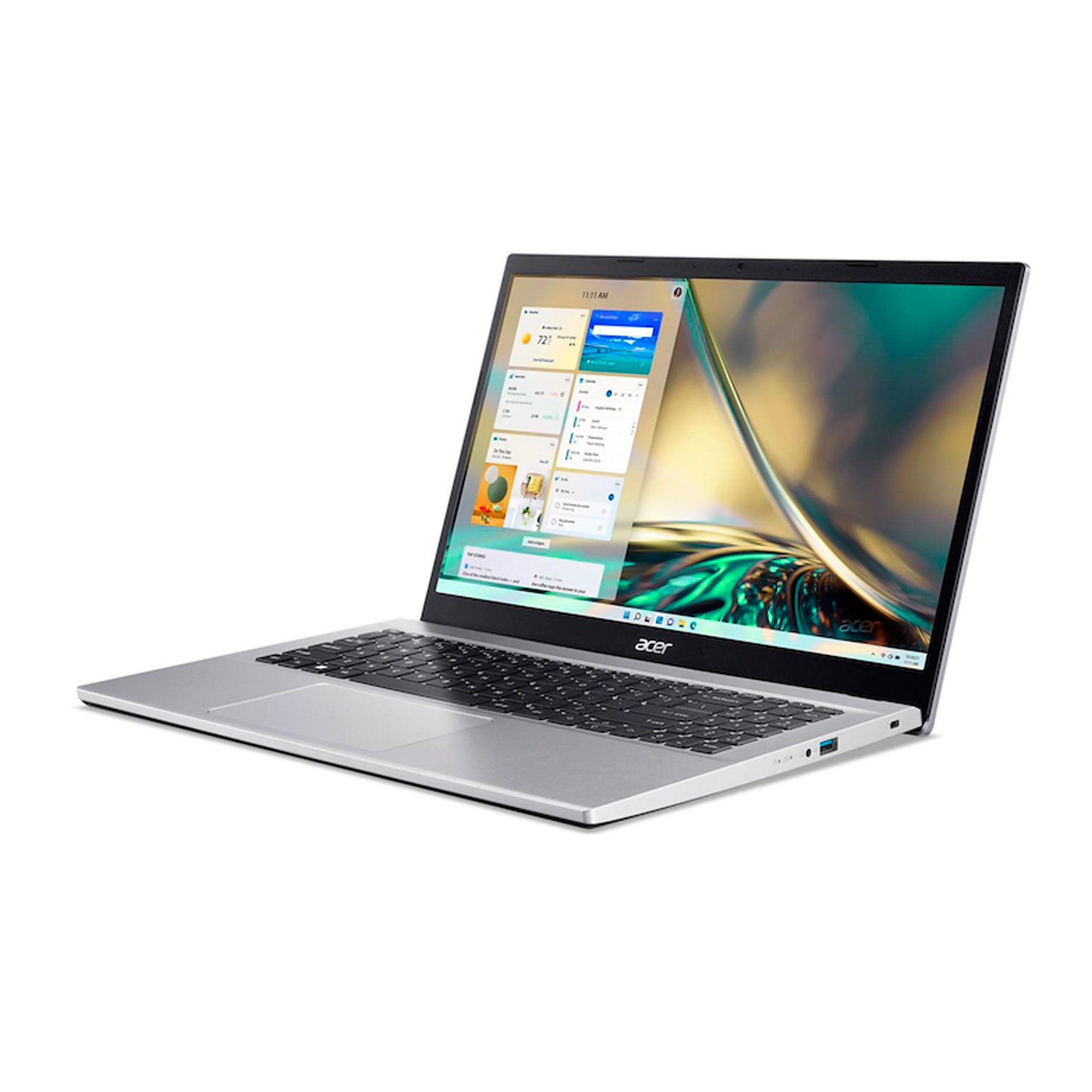 Una computadora portátil Acer plateada está abierta, mostrando una interfaz de Windows. La pantalla muestra aplicaciones y widgets. El fondo es blanco.
