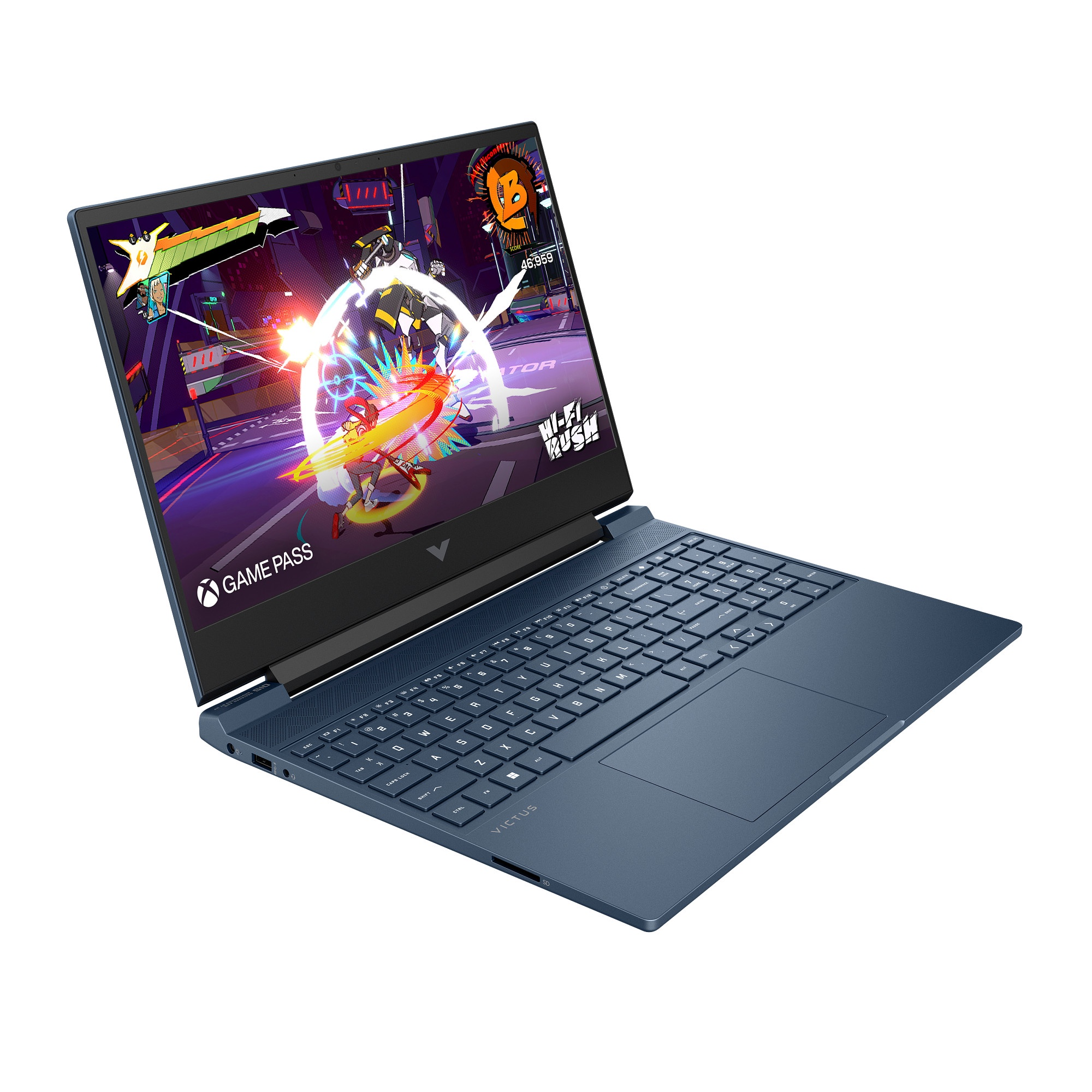 Una laptop azul muestra una escena de videojuego. La pantalla muestra gráficos coloridos. Se ven el teclado y el panel táctil.