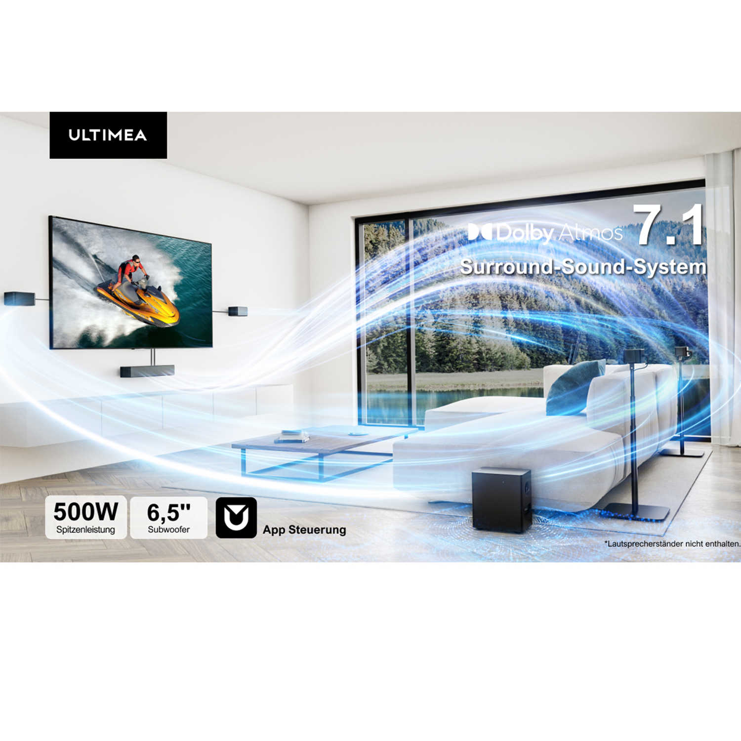 Wohnzimmer mit Fernseher, der ein Jetski zeigt, Sound-Systemkomponenten und einem Dolby Atmos 7.1 Setup.