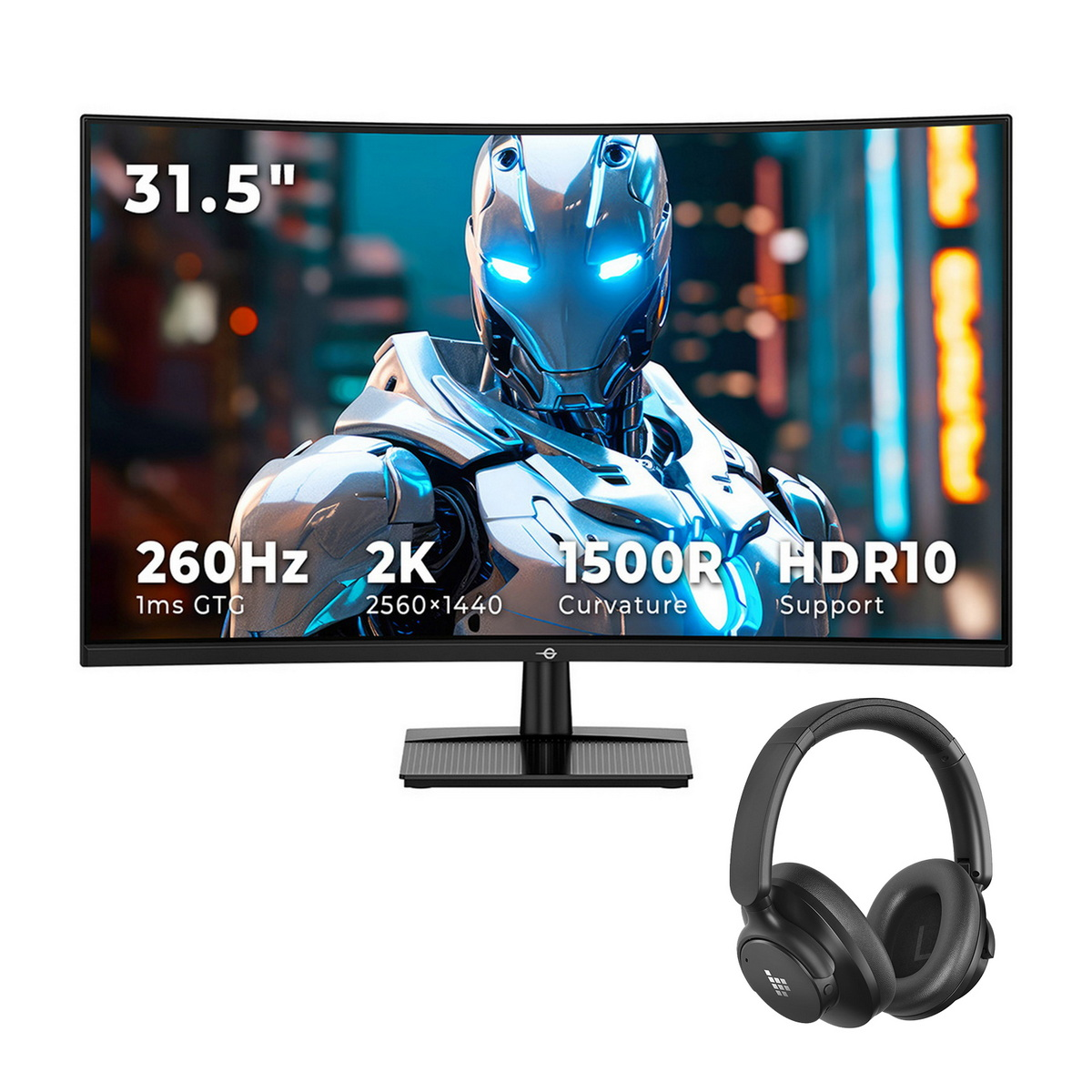 Zakrzywiony monitor 31,5" wyświetla futurystycznego robota. Poniżej specyfikacje: 260 Hz, 2K, 1500R, HDR10. Słuchawki są poniżej.